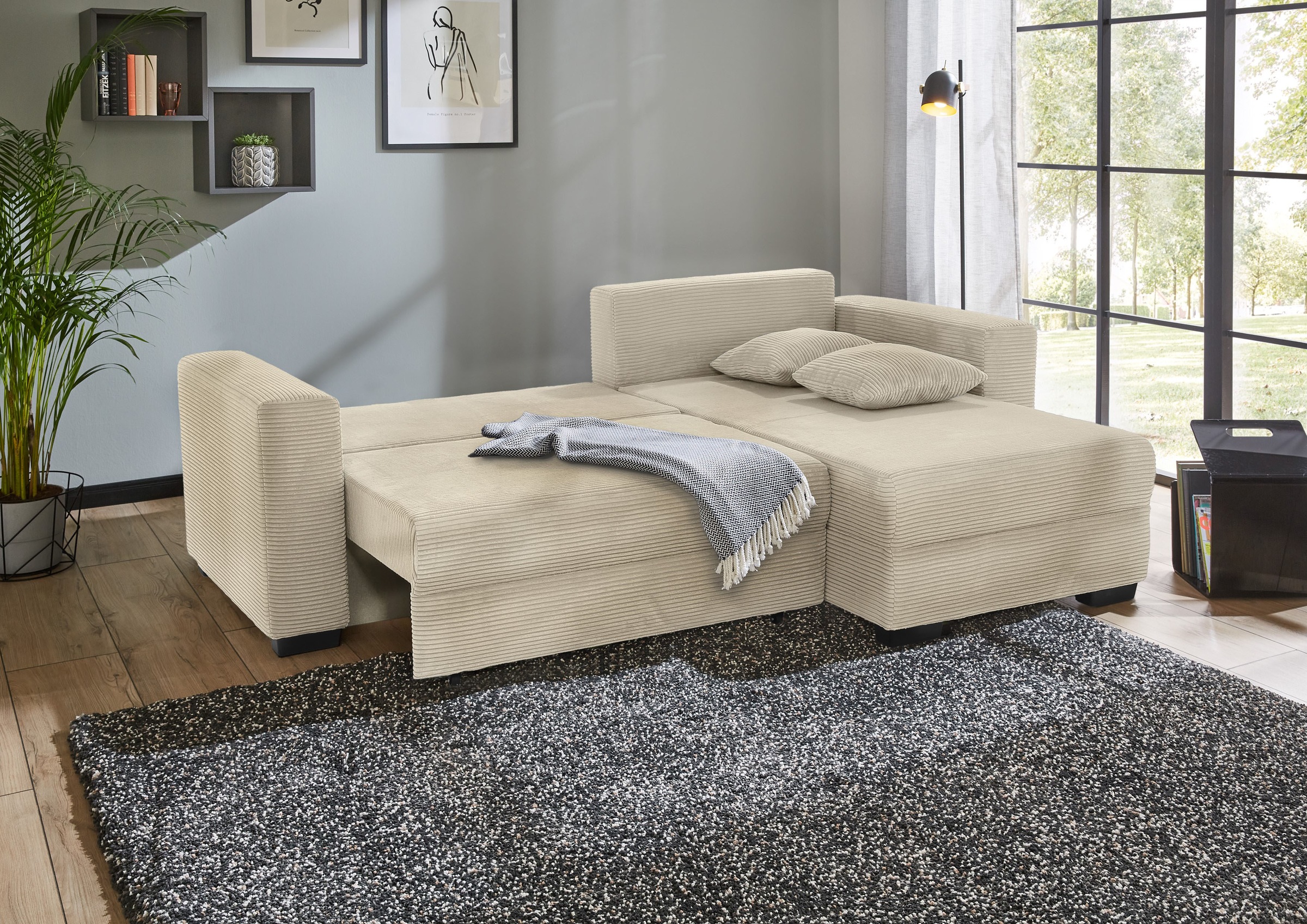 Jockenhöfer Gruppe Ecksofa "Ecksofa Elmau, Größe Ottomane: L, B:235cm, optional mit Topper" mit Schlaffunktion, Bettkasten & 2 Zierkissen
