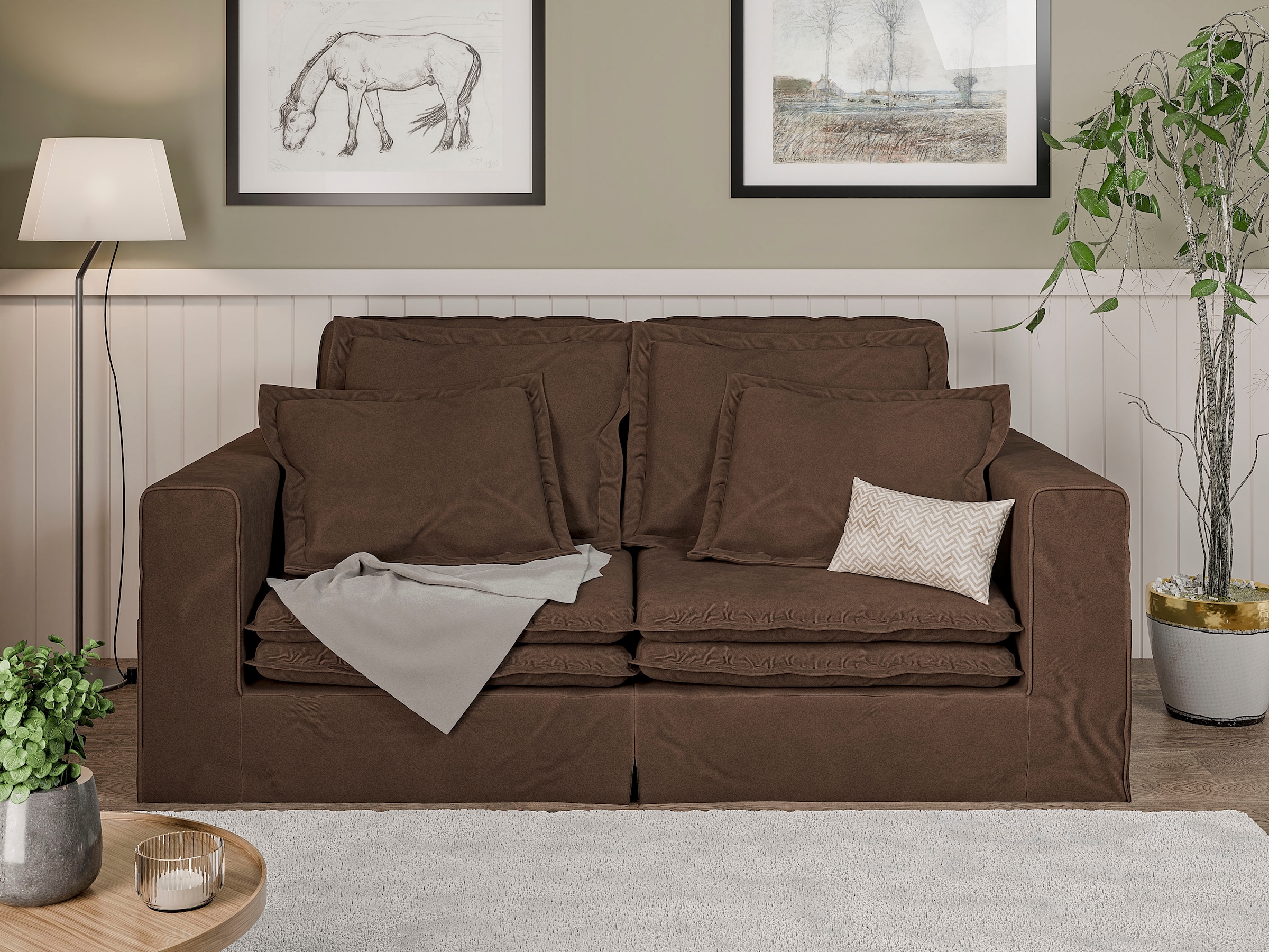 3-Sitzer HOME AFFAIRE, B:196cm H:95cm T:108cm, braun, 92% Polyester, 8% Nylon, Sofas, "ALISSAS BIS mit vielen Kissen, Biesen an den Kissen",