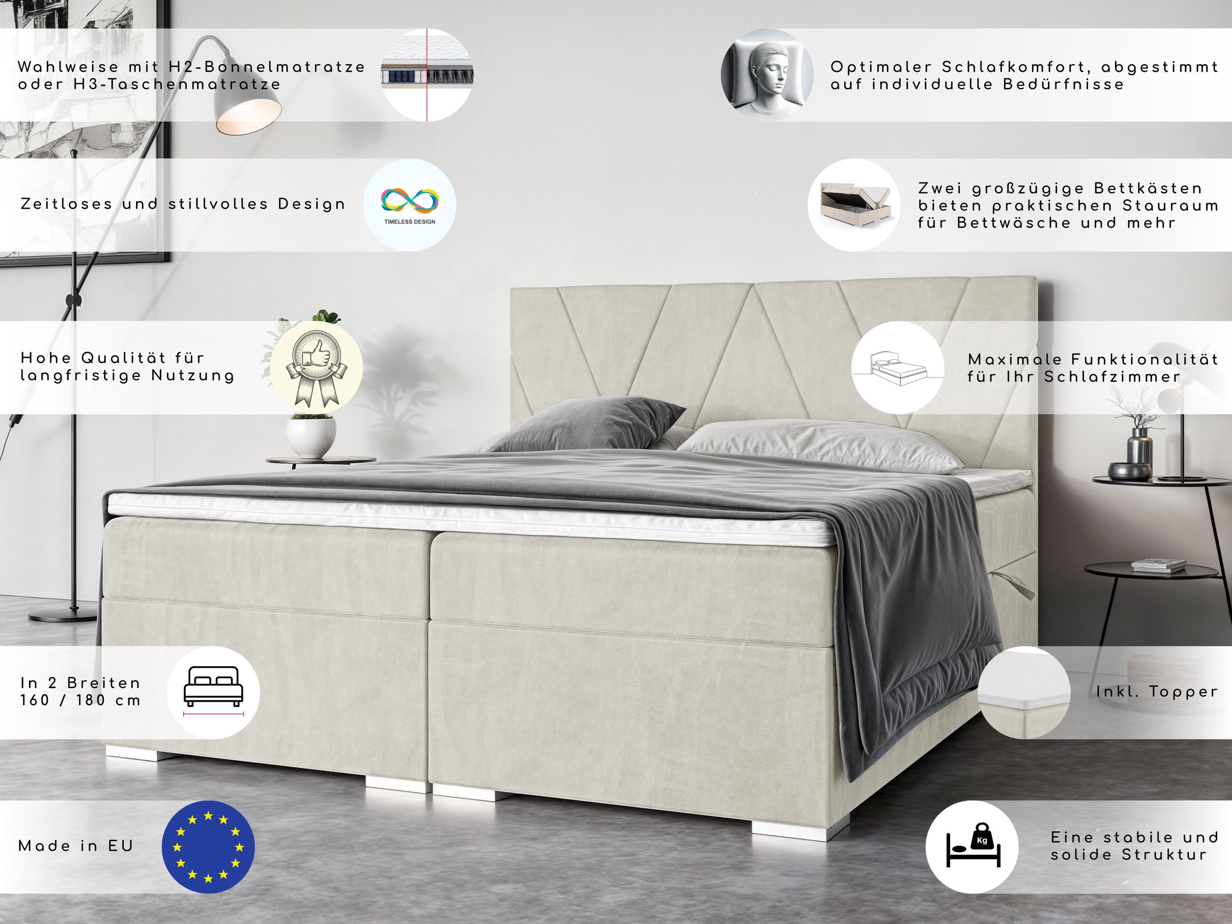 Places of Style Polsterbett »Liania mit Matratze und Topper, in 2 Breiten (160 und 180 cm)«, Boxspringbett mit Bettkasten, Matratze (BFK/TFK) und Topper