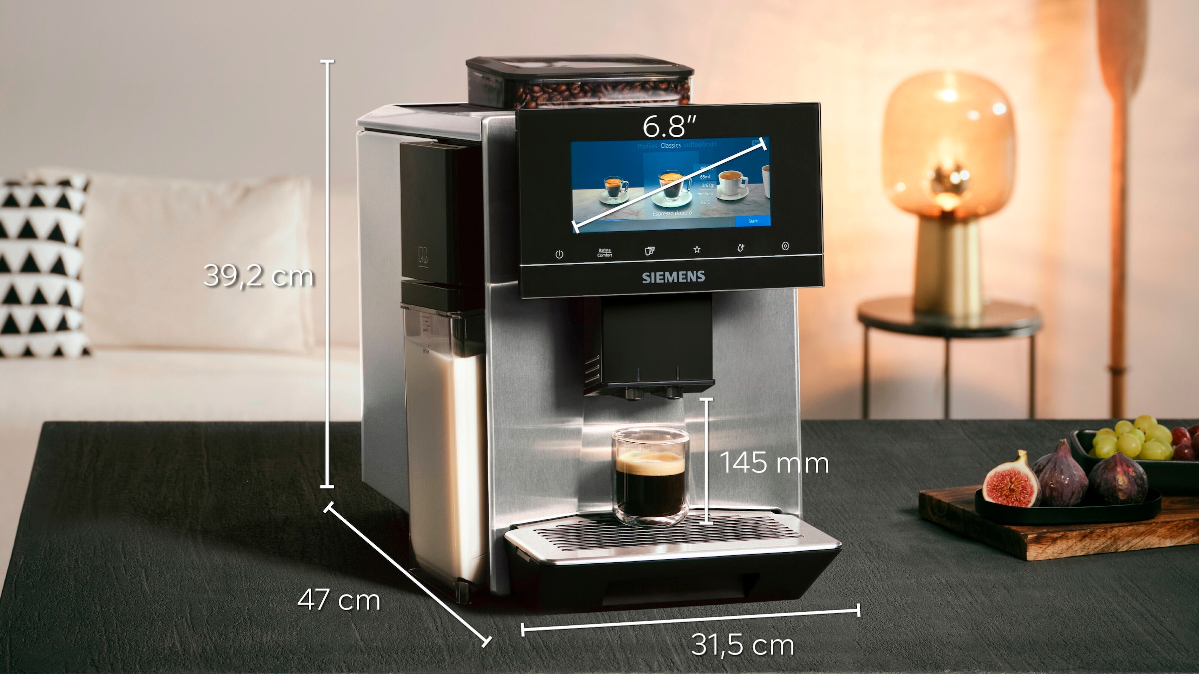 SIEMENS Kaffeevollautomat »EQ900 TQ903DZ3, auto. Reinigen und Entkalken, 6,8" TFT-Display«, Barista-Mode, App-Steuerung, Geräuschreduzierung, 3 Profile, edelstahl