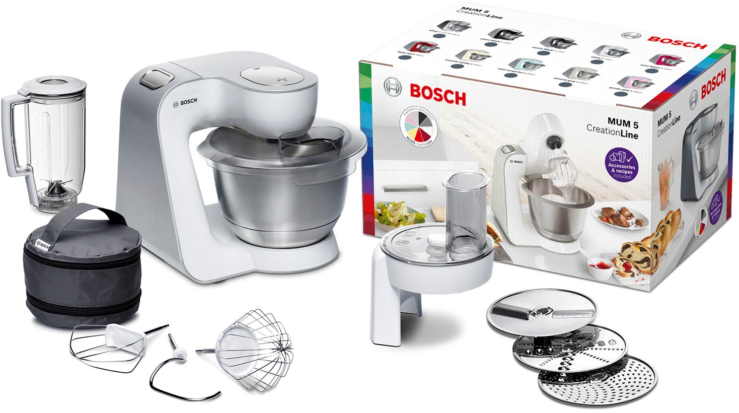 BOSCH Küchenmaschine "Serie 4 MUM58W20, Mixer, Durchlaufschnitzler, 3 Scheiben, weiß", Edelstahl-Schüssel, Knethaken/Sch