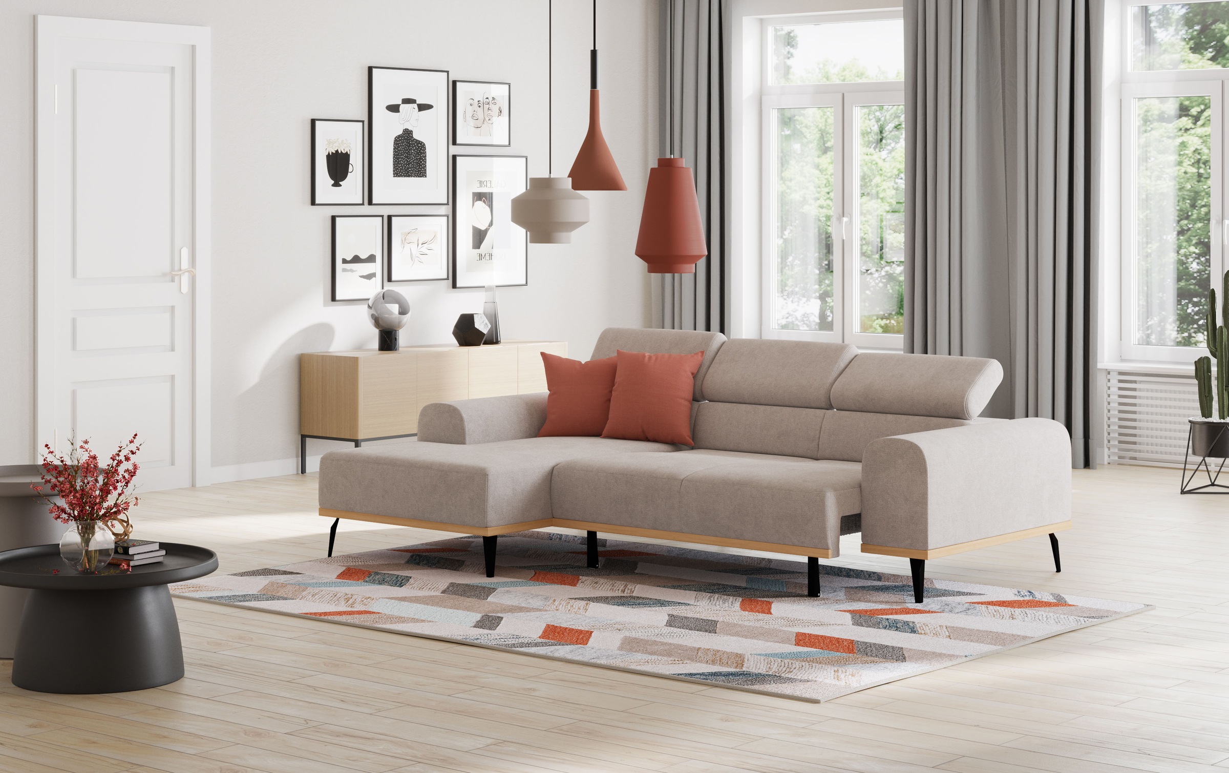 Places of Style Ecksofa »Carlo L-Form«, mit Kopfteilverstellung & Holz-Rahmenoptik, wahlweise Relaxfunktion
