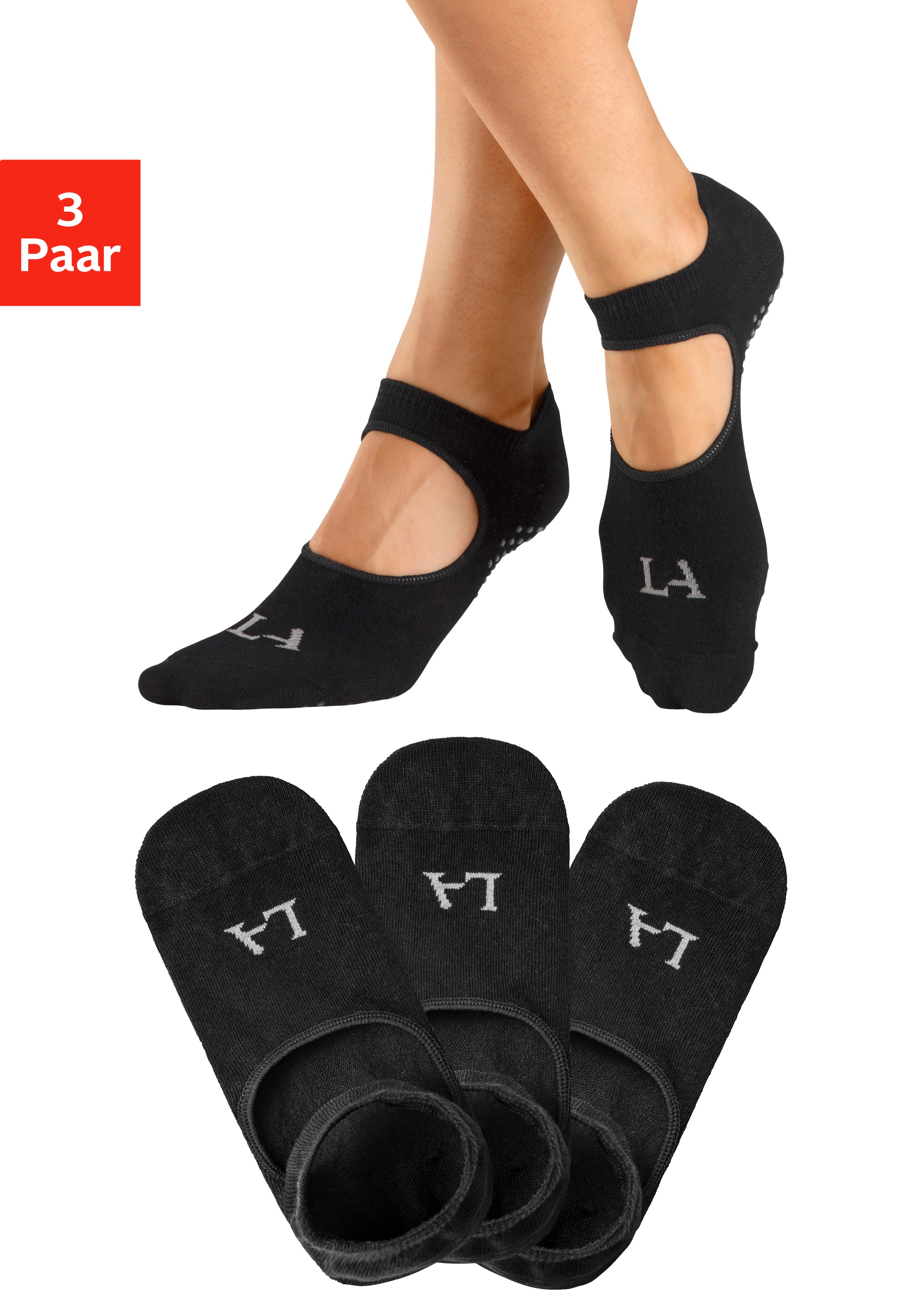 LASCANA ACTIVE ABS-Socken "Damen Yoga, Rutschfeste Socken Sport Yoga, Tanz, Barfuß, Trampolin," Packung, 3 Stk. tlg. mit Aussparung auf Fußrücken, ideal für Zuhause, Krankenhaus