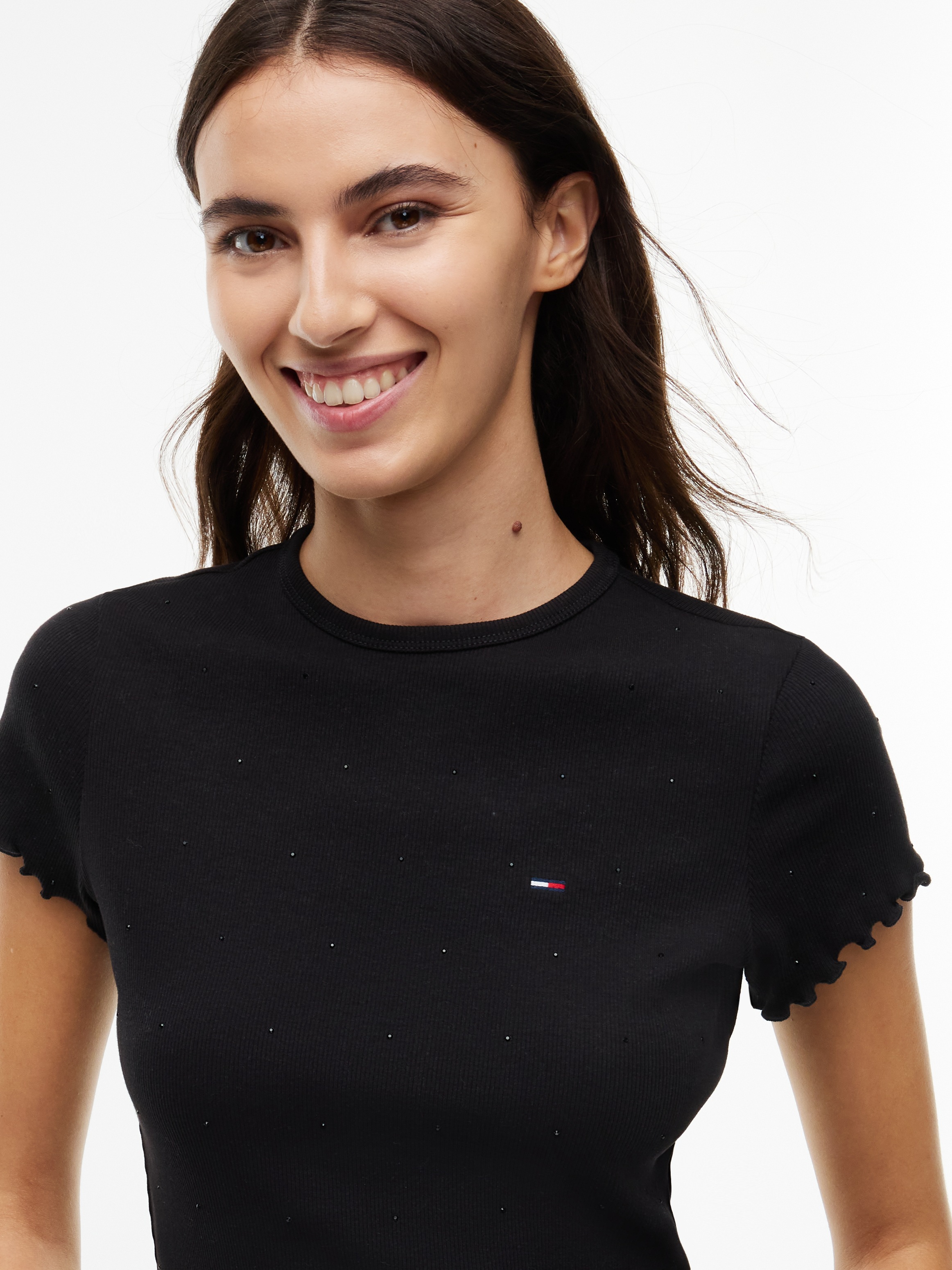 Tommy Jeans Rundhalsshirt »TJW SLIM PARTY RIB SS EXT« Baumwollmischung, slim fit, figurbetont, in gerippter Struktur