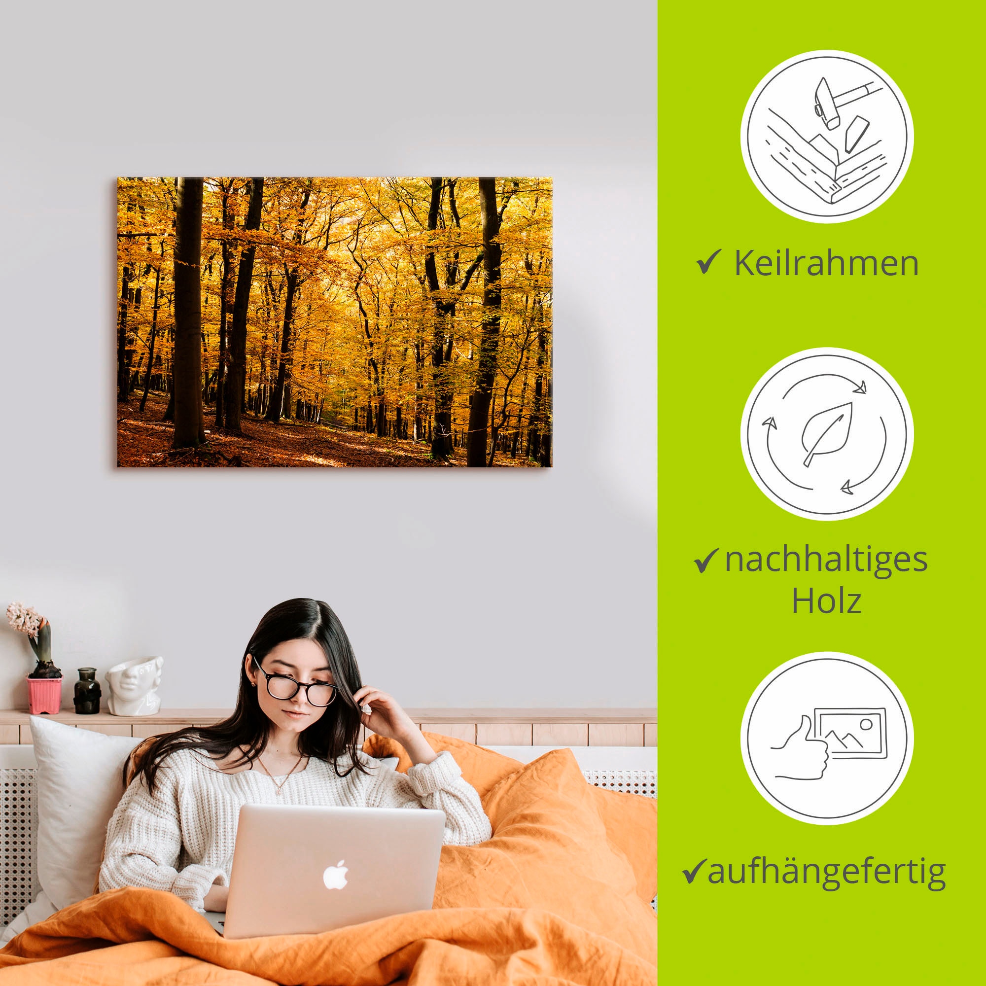 Artland Wandbild »Spaziergang im Herbstwald«, Wald, (1 St.), als Alubild, Outdoorbild, Leinwandbild, Poster in verschied. Größen