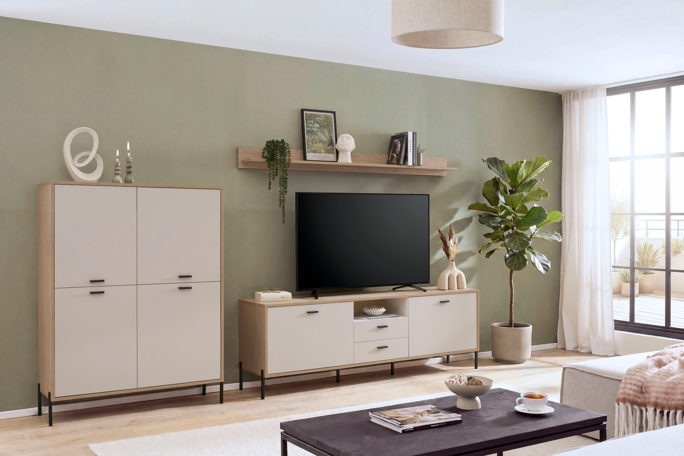 Home affaire Highboard »Fredericia, Hochkommode, modernder Stauraum in Kaschmir« zeitlos, schwarze Metallgriffe und -füße, ausreichend Stauraum