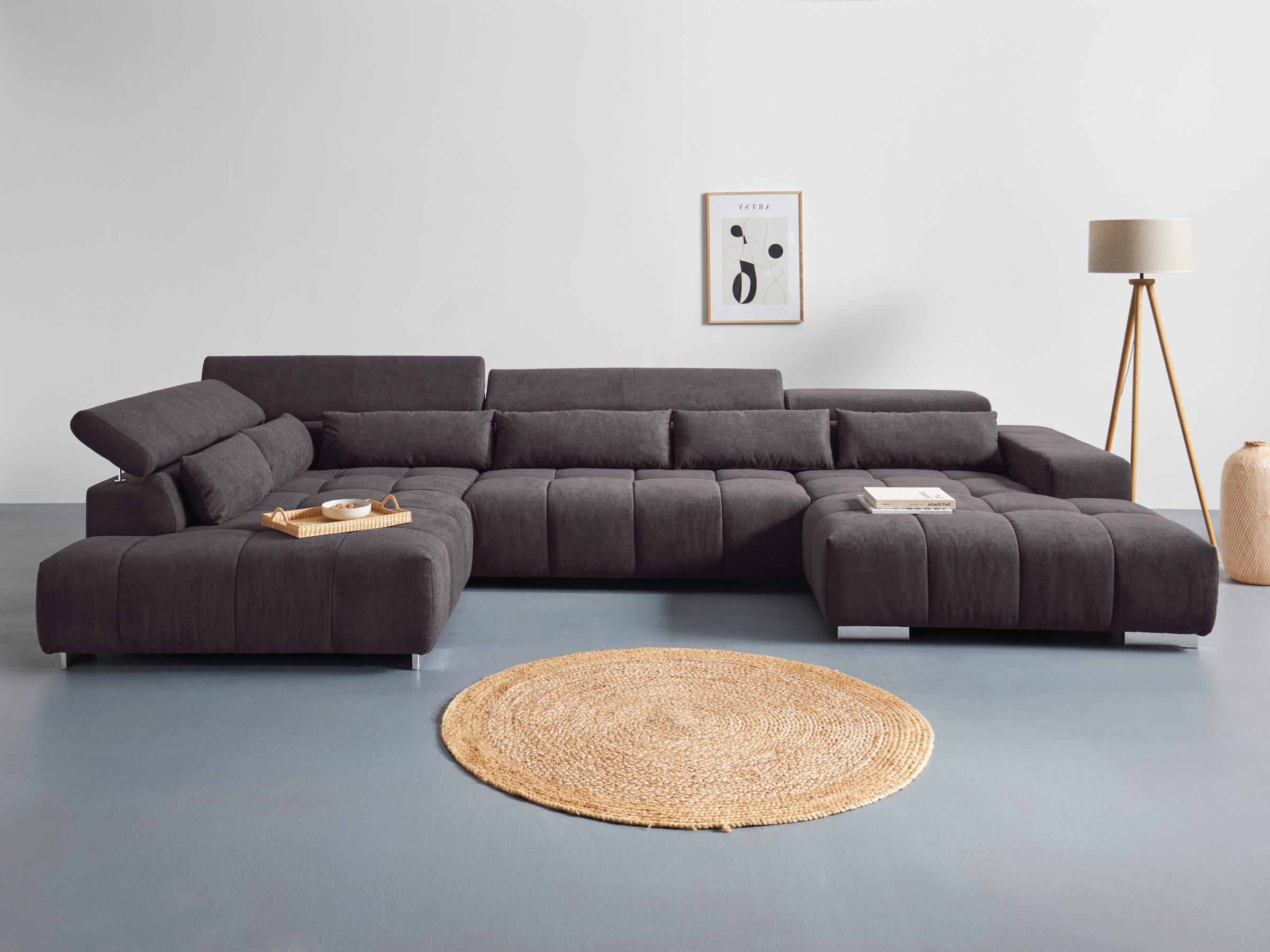 COTTA Wohnlandschaft "Orion U-Form XXL, B: 409 cm, bequeme Wellenunterfederung, top modern" mit Kopfteilverstellung & 6 Nierenkissen