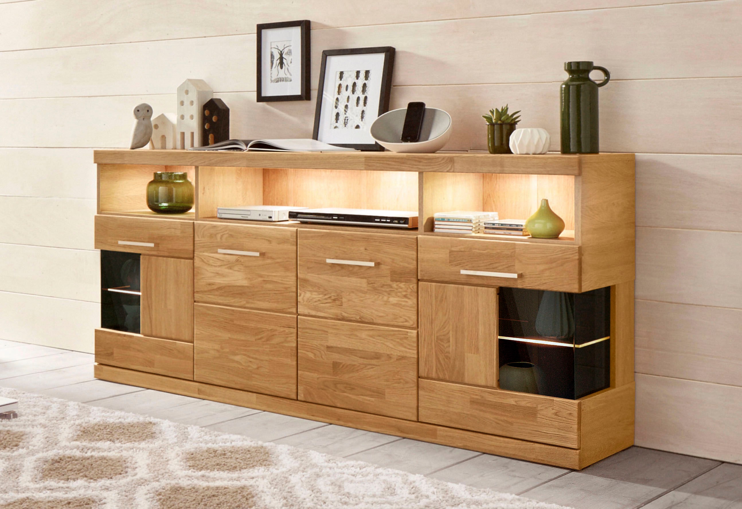 OTTO home Sideboard "RIBE20 Fronten massiv,Korpus Melamin, 2 Türen mit Glaseinsatz" B/T/H: 180/35/80cm, 3 offene Fächer und 6 geschlossene, Eiche