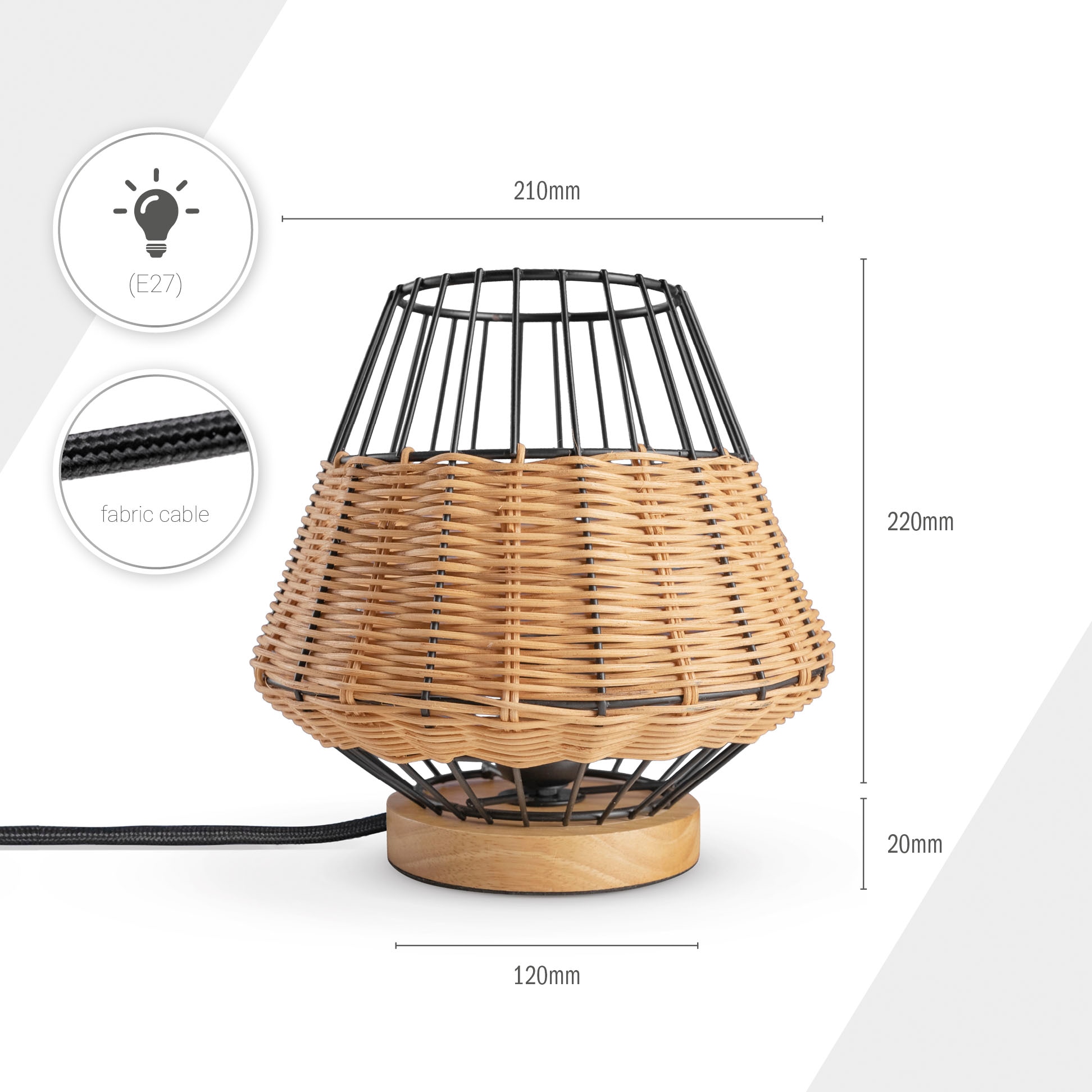 Rattan Tischleuchte Style Holz LED »PUNTO«, Rustikal | E27 Nacht Paco BAUR Home Lampe Käfig Boho