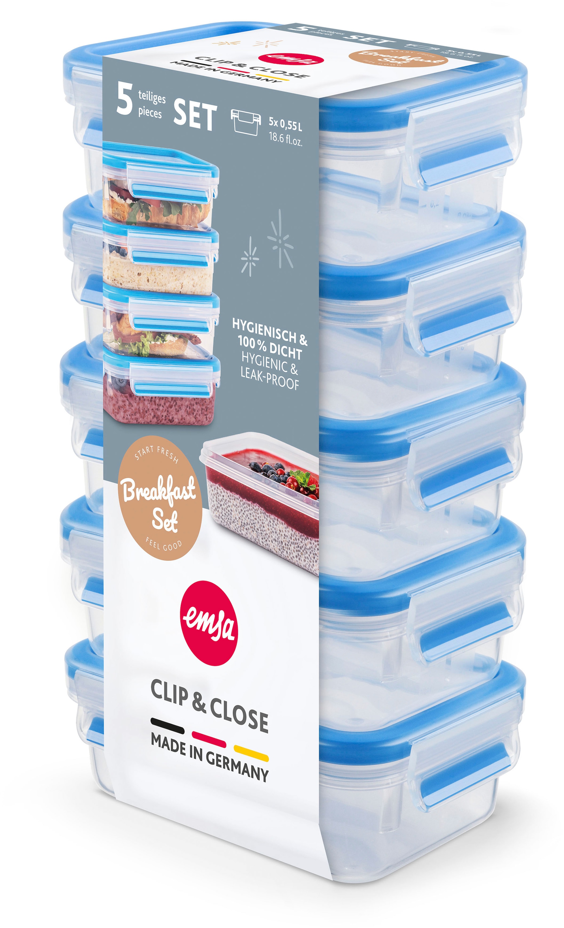 Emsa Frischhaltedose »Clip & Close«, (Set, 10 tlg., 5 Frischhaltedose mit Deckel), dicht, hygienisch, unbedenklich, spülmaschinengeeignet