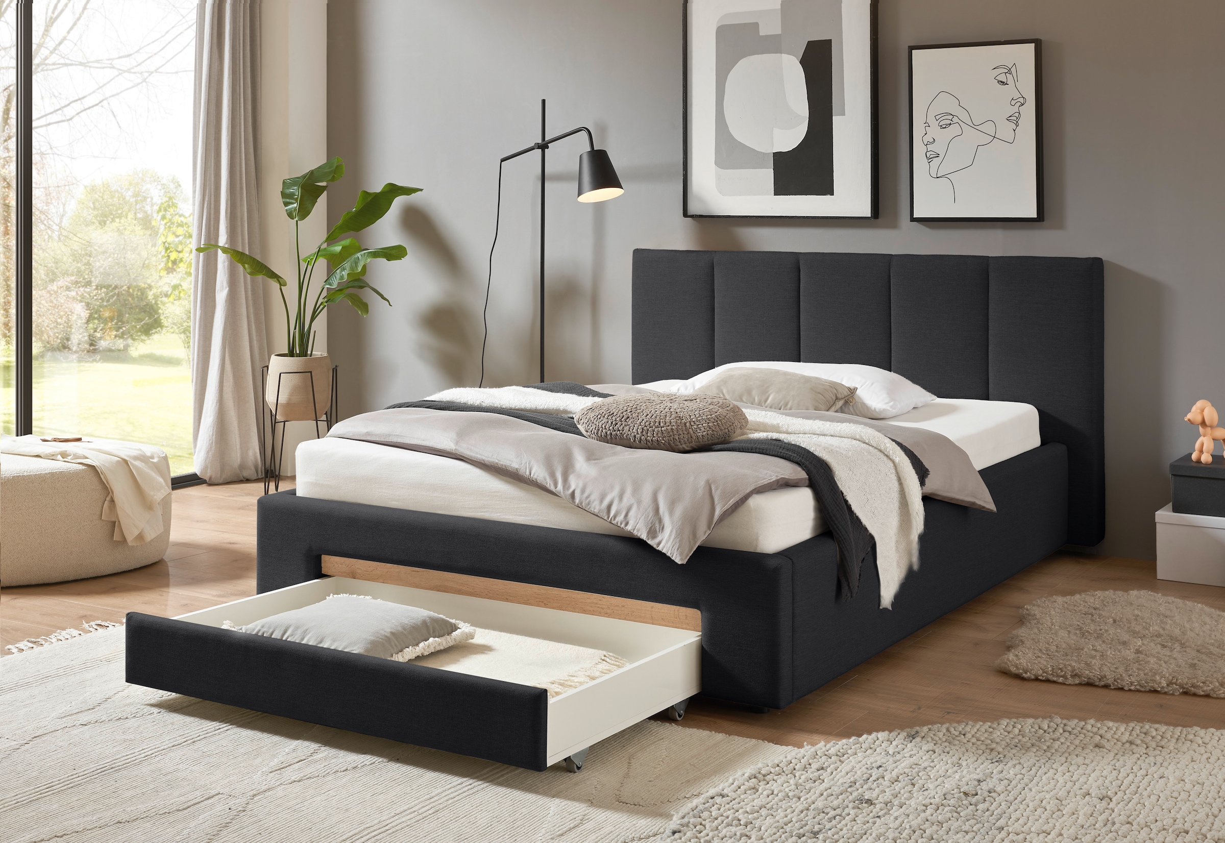 INOSIGN Polsterbett »CiTY/GiRON, Bettgestell mit Bettkasten, gepolstertes Stauraumbett«, mit Hundebett oder Stauraumschublade, Bezug Cord-oder Leinenoptik
