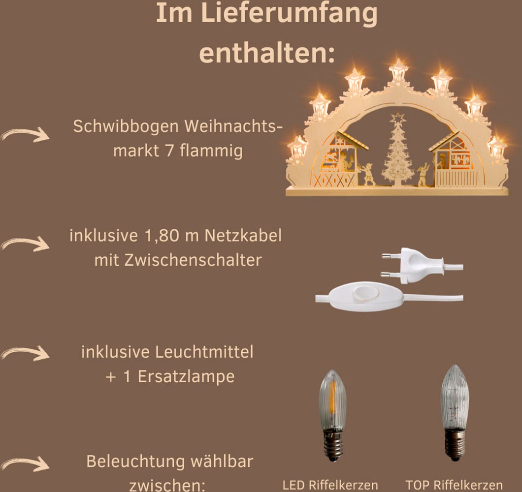 Thumbnail - Weigla LED Schwibbogen "Weihnachtsmarkt, Lichterbogen aus Holz, NATUR, Made in Germany" 1 Stk. Erzgebirge garantiert, We...