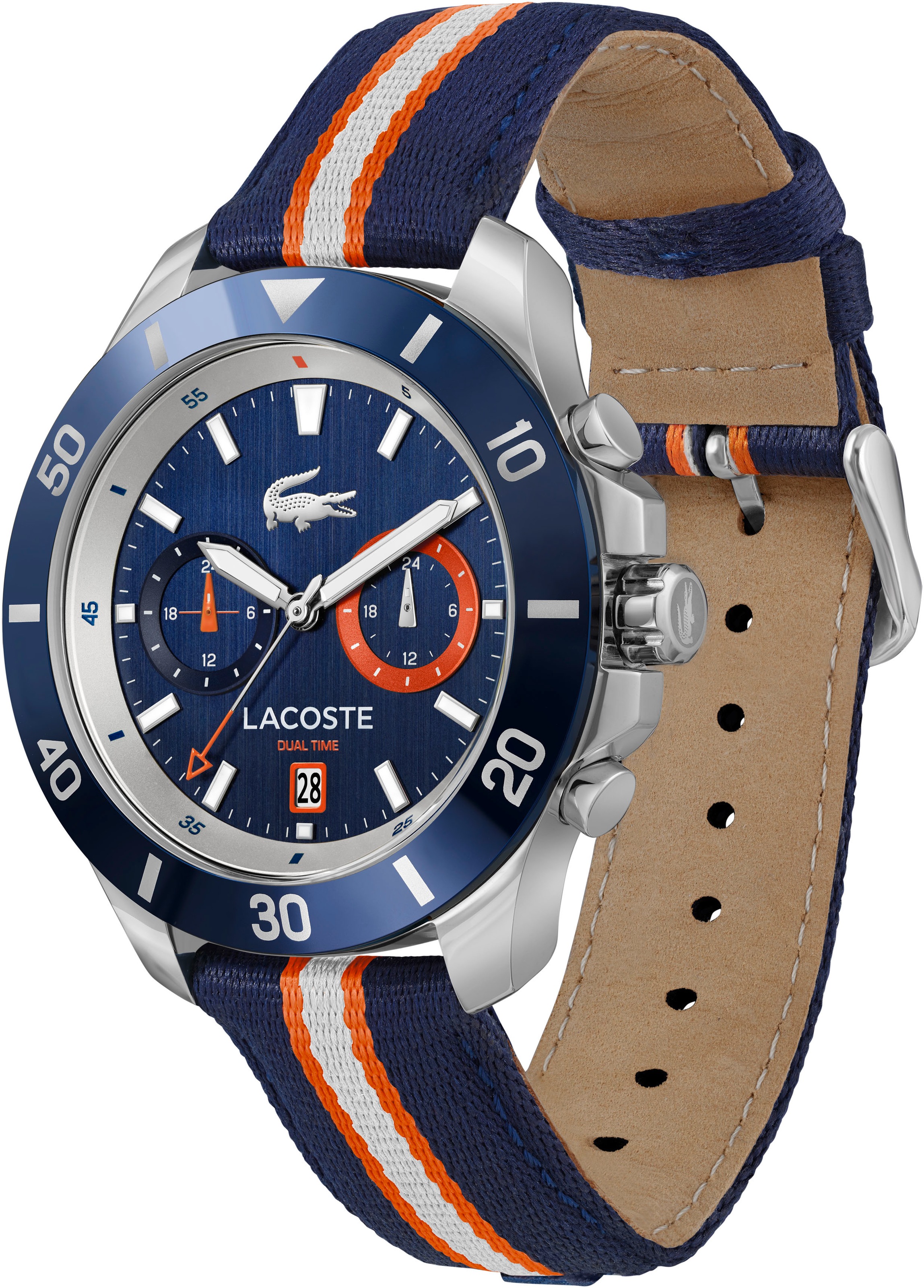 Lacoste Multifunktionsuhr »TORONGA«, Quarzuhr, Armbanduhr, Herren, Datum, Dualzeit, Textilarmband