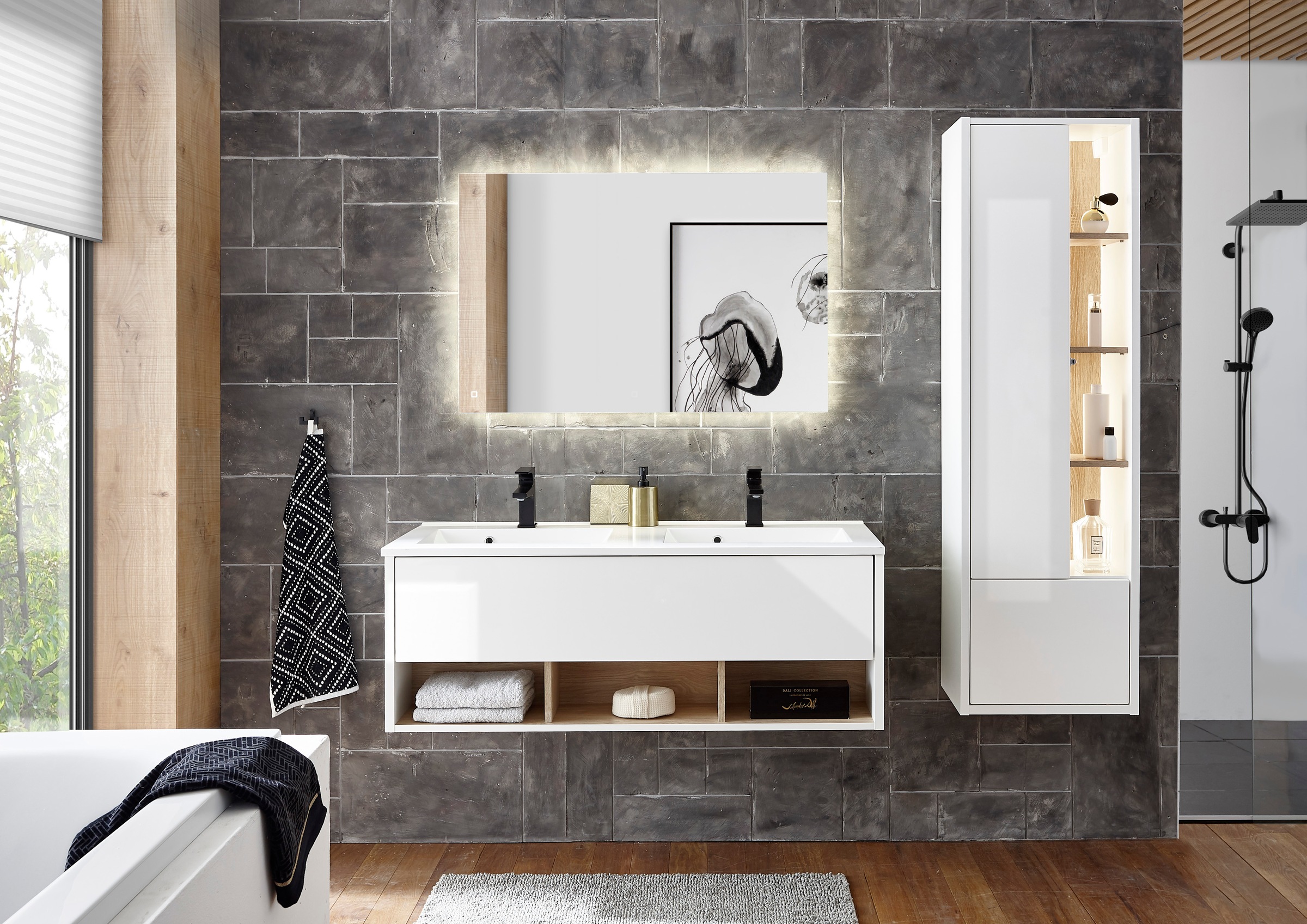 Places of Style Badmöbel-Set »Studio Line, Bad im modernen Design, 3-teiliges Badezimmer«, (3 St.), Schrank, Waschtisch und Spiegel, in zwei Farben verfügbar, Stauraum