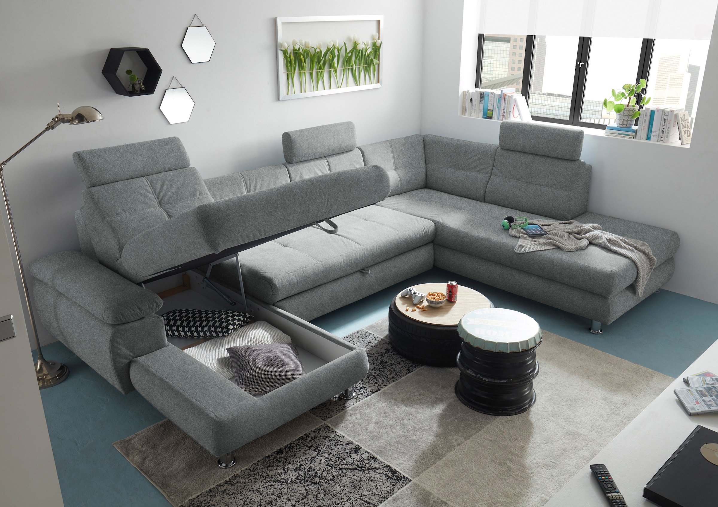 ED EXCITING DESIGN Wohnlandschaft »Alba U-Form«, mit Bettfunktion, Bettkasten, Kopfstützen, Armteilverstellung
