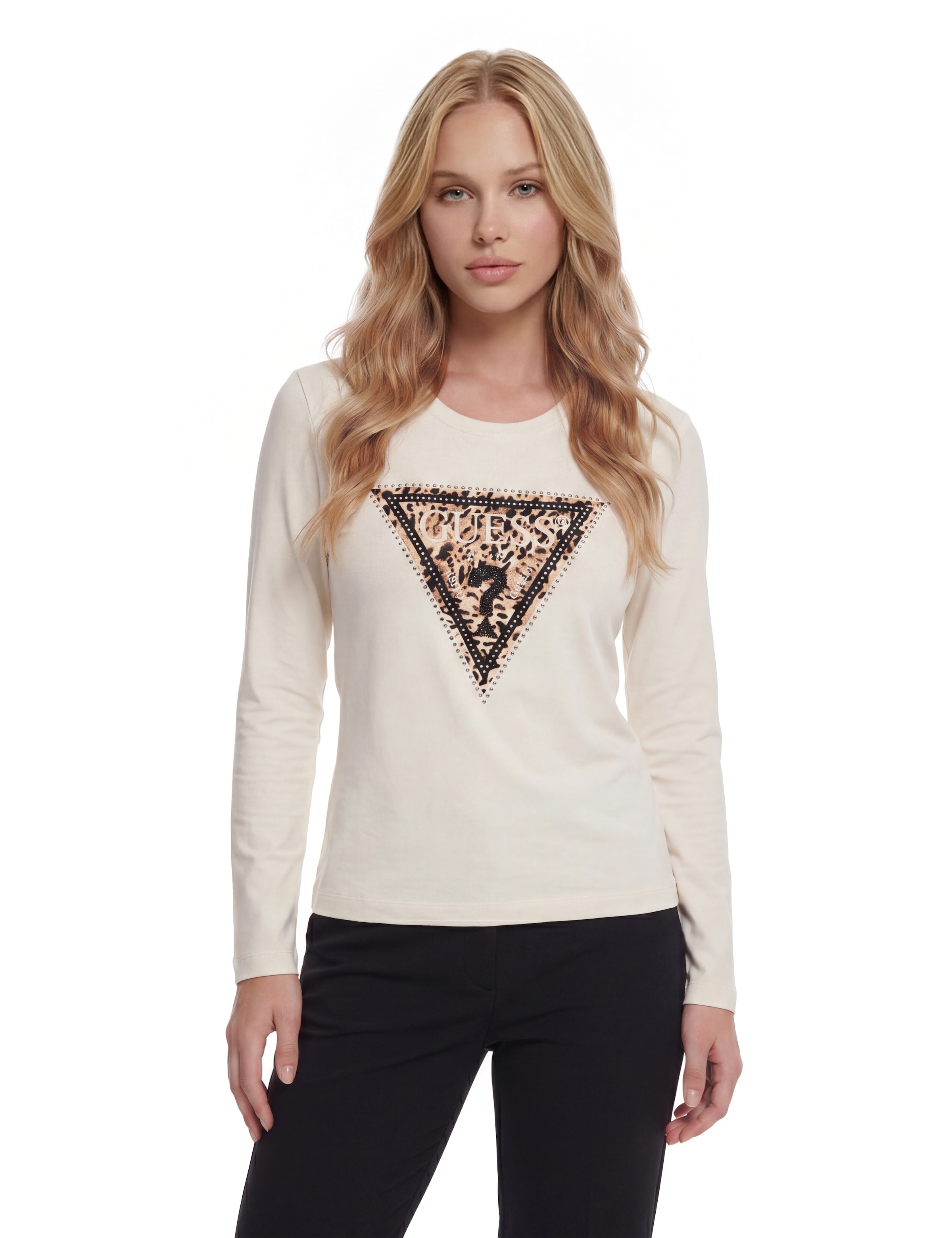 Guess Langarmshirt »LS CN SAVANNA LEOPARD TRIANGLE« mit markantem Logodesign, Slim Fit