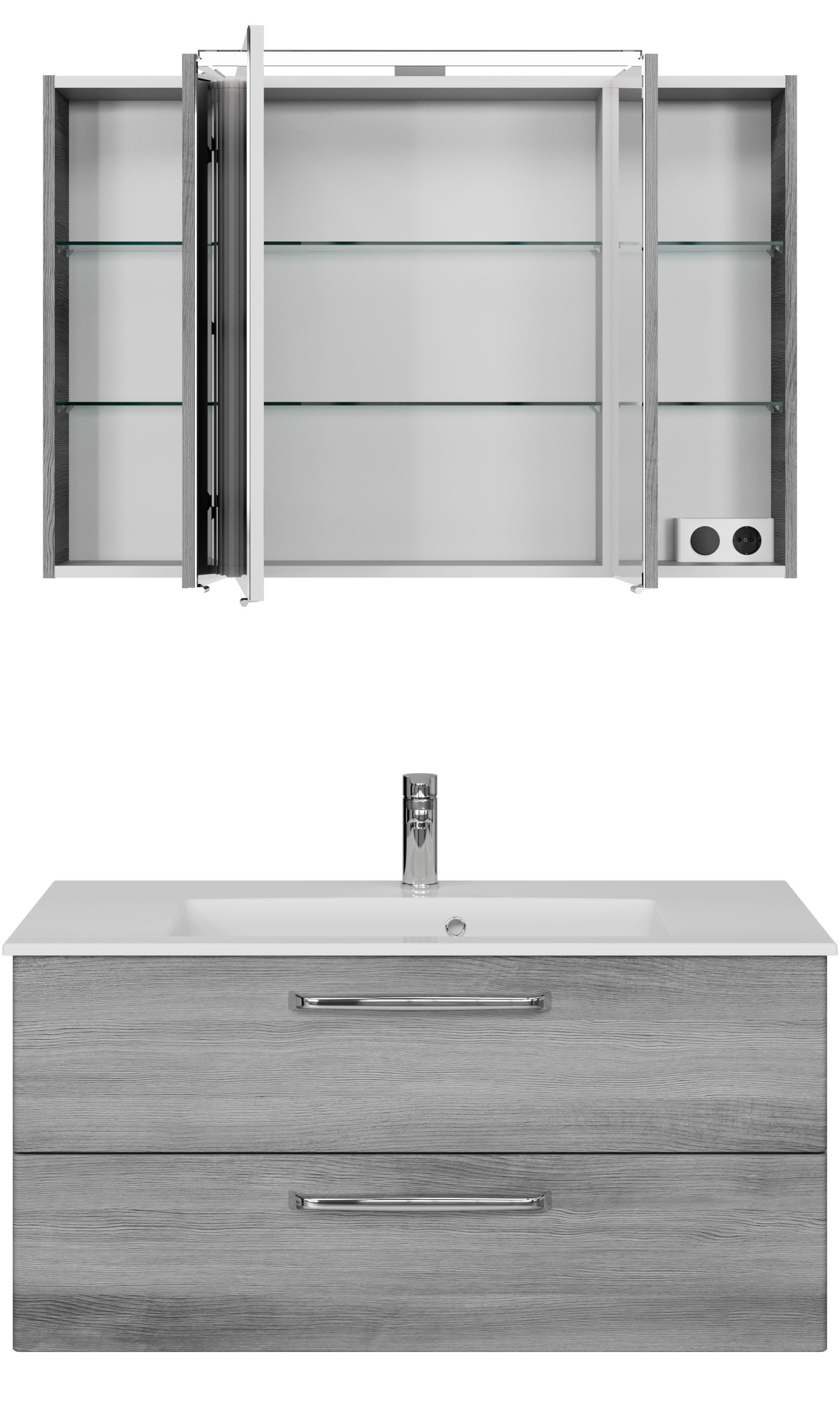 Saphir Badmöbel-Set »Trentino 2-tlg Mineralmarmor-Waschtisch, Spiegelschrank mit LED-Profil«, (3 St.), Badmöbel-Set 110cm breit, inkl. Türdämpfer, 3 Türen, 2 Auszügen