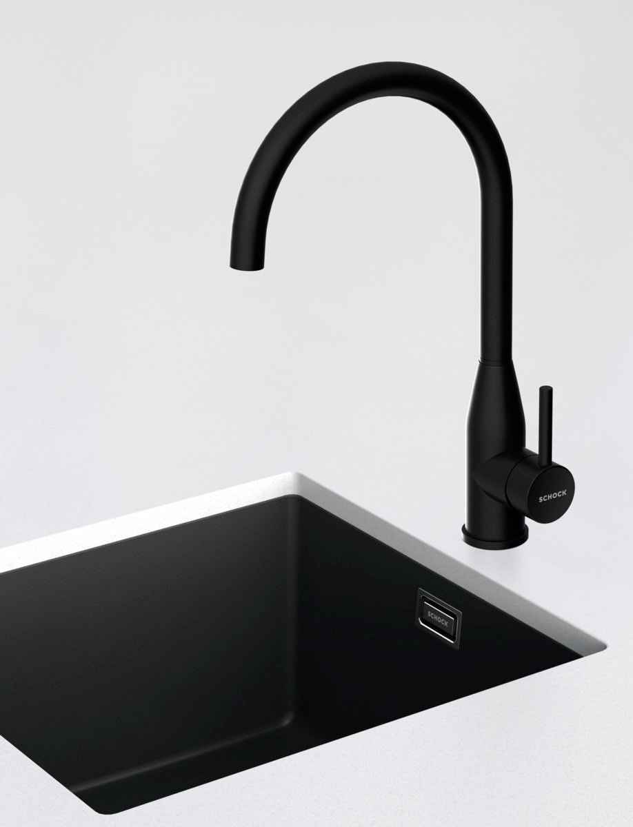 Küchenarmatur SCHOCK, B:21cm H:38cm, schwarz, Edelstahl, Armaturen, "Kavus", Hochdruck, Festauslauf, Flüsterperlator, Schwenkbereich 360