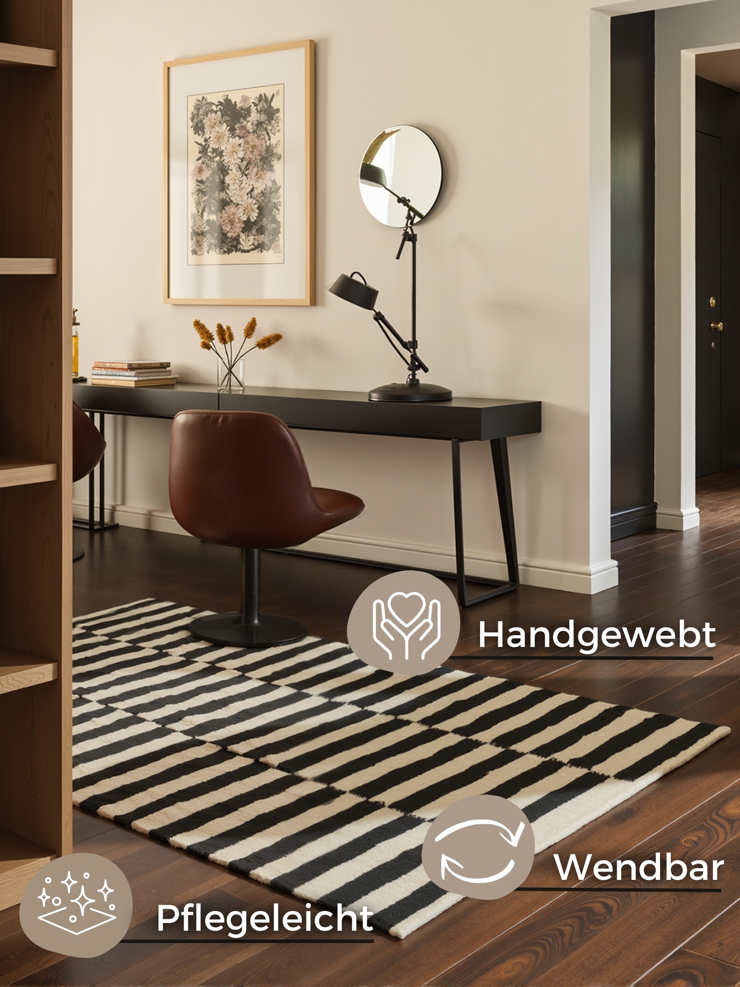 HANSE Home Wollteppich »Donna, schwarz-weiss«, rechteckig, 5 mm Höhe, Handgewebt, Wolle, Natur, Läufer, Wohnzimmer, Schlafzimmer, Streifen