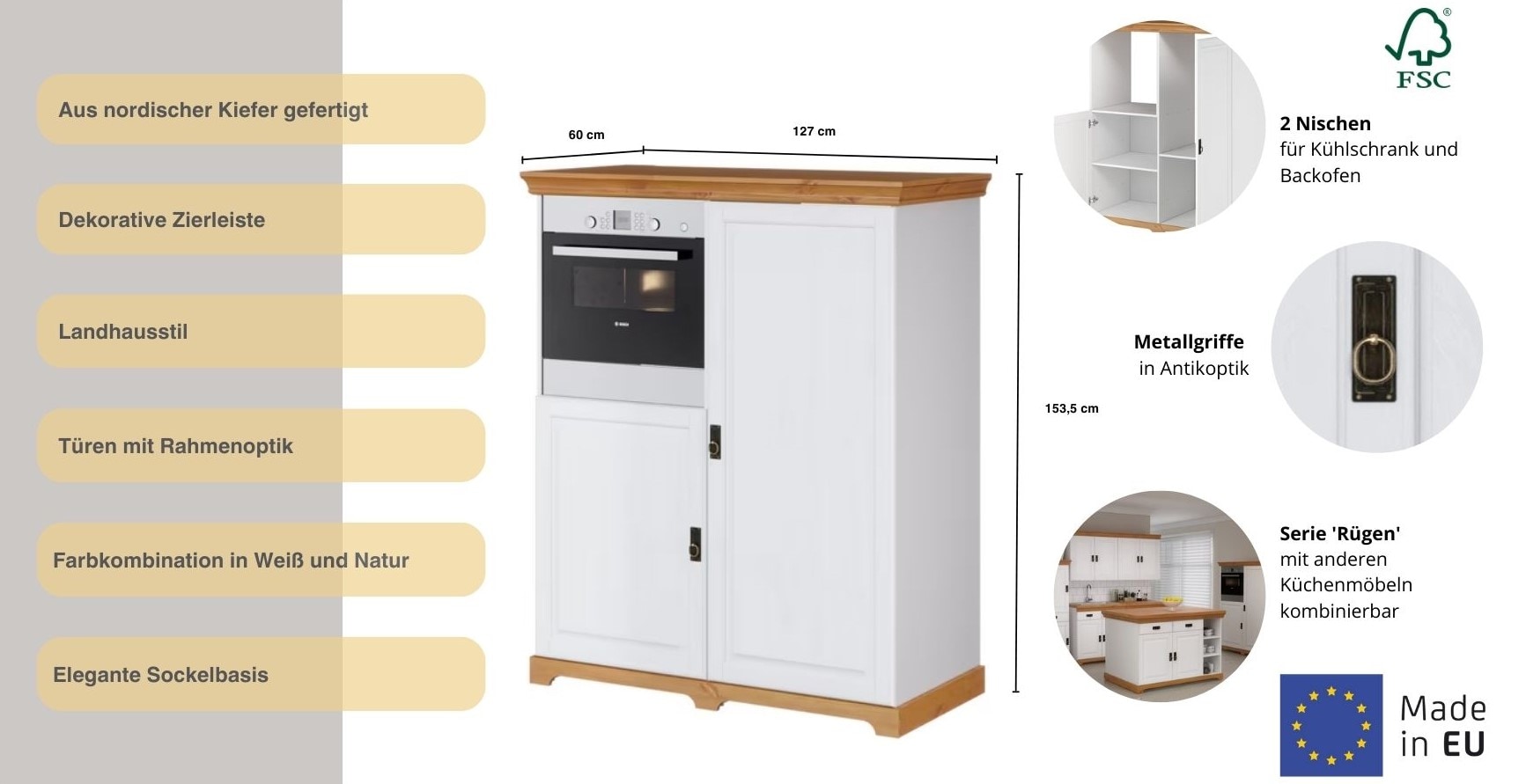 Home affaire Backofen/Kühlumbauschrank »Rügen«, Breite 127 cm, Kiefer massiv, Nische für Kühlschrank