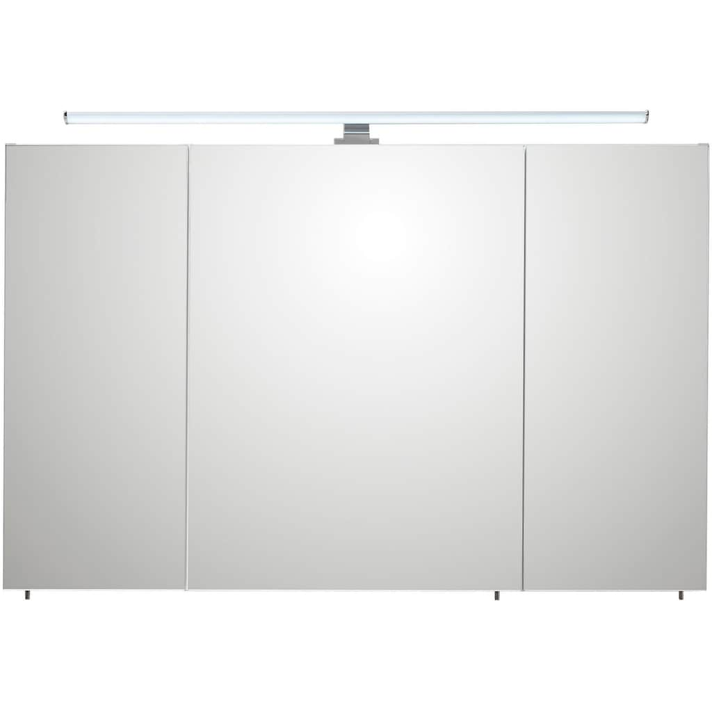 Saphir Badmöbel-Set »Quickset 936 4-teilig, Glaswaschtisch und LED-Spiegelschrank«, (Set, 4 St.), 2 Hochschränke, Eiche Weiß quer Nachbildung, inkl. Türdämpfer, 9 Türen