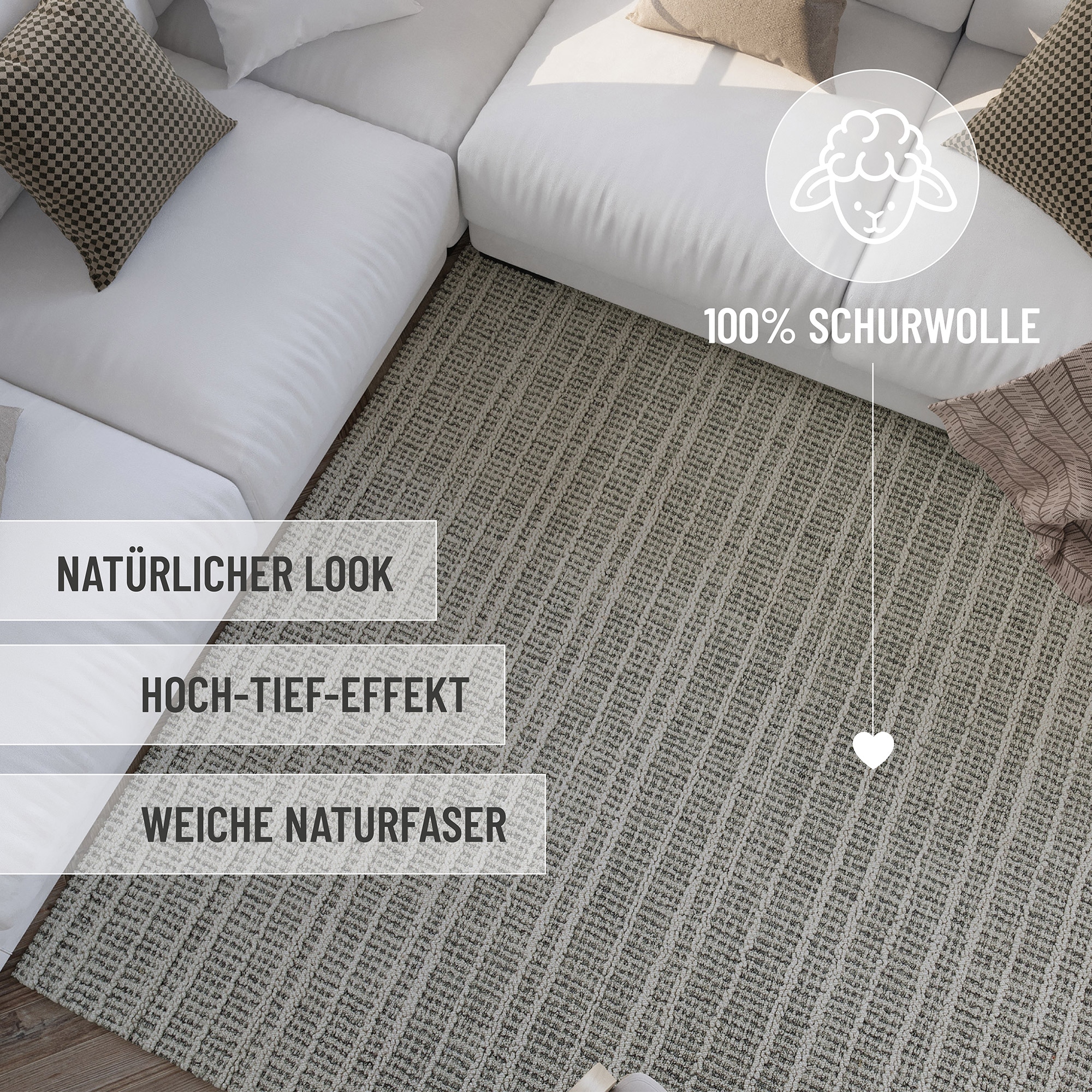Wecon home Wollteppich »Hamptons FORTYFIVE«, rund, 15 mm Höhe, Schurwolle, Kurzflor, Wohn- & Schlafzimmer, elegant, Streifen Design