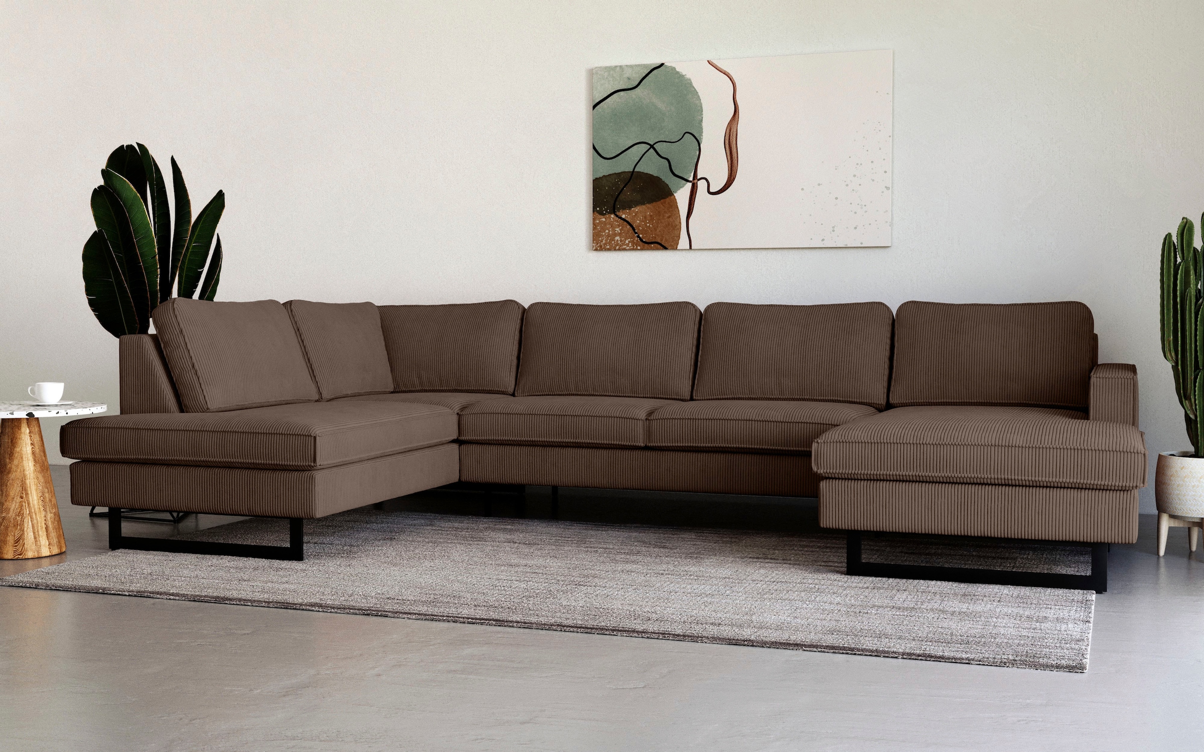 Places of Style Wohnlandschaft »Pinto, 350 cm, U-Form, XXL, mit Ottomanen«, Cord, Chenille, Lederoptik, mit Keder, Metallfüße, Wellenunterfederung
