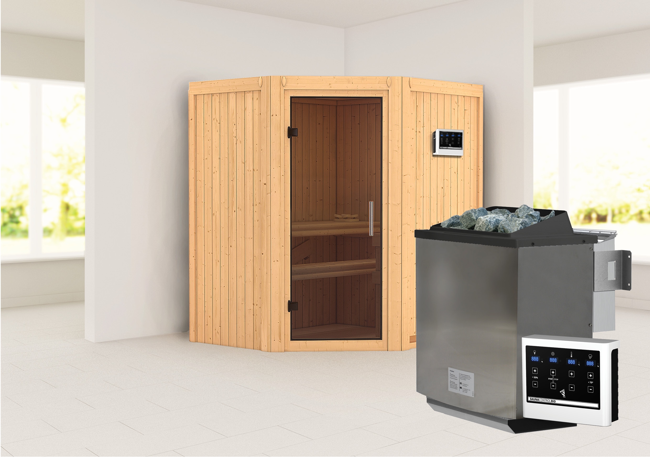 Karibu Sauna ""Liyah" naturbelassen, mit graphitfarbener Tür" Set, in verschiedenen Ausführungen erhältlich, 9 KW Ofen mit externe Strg