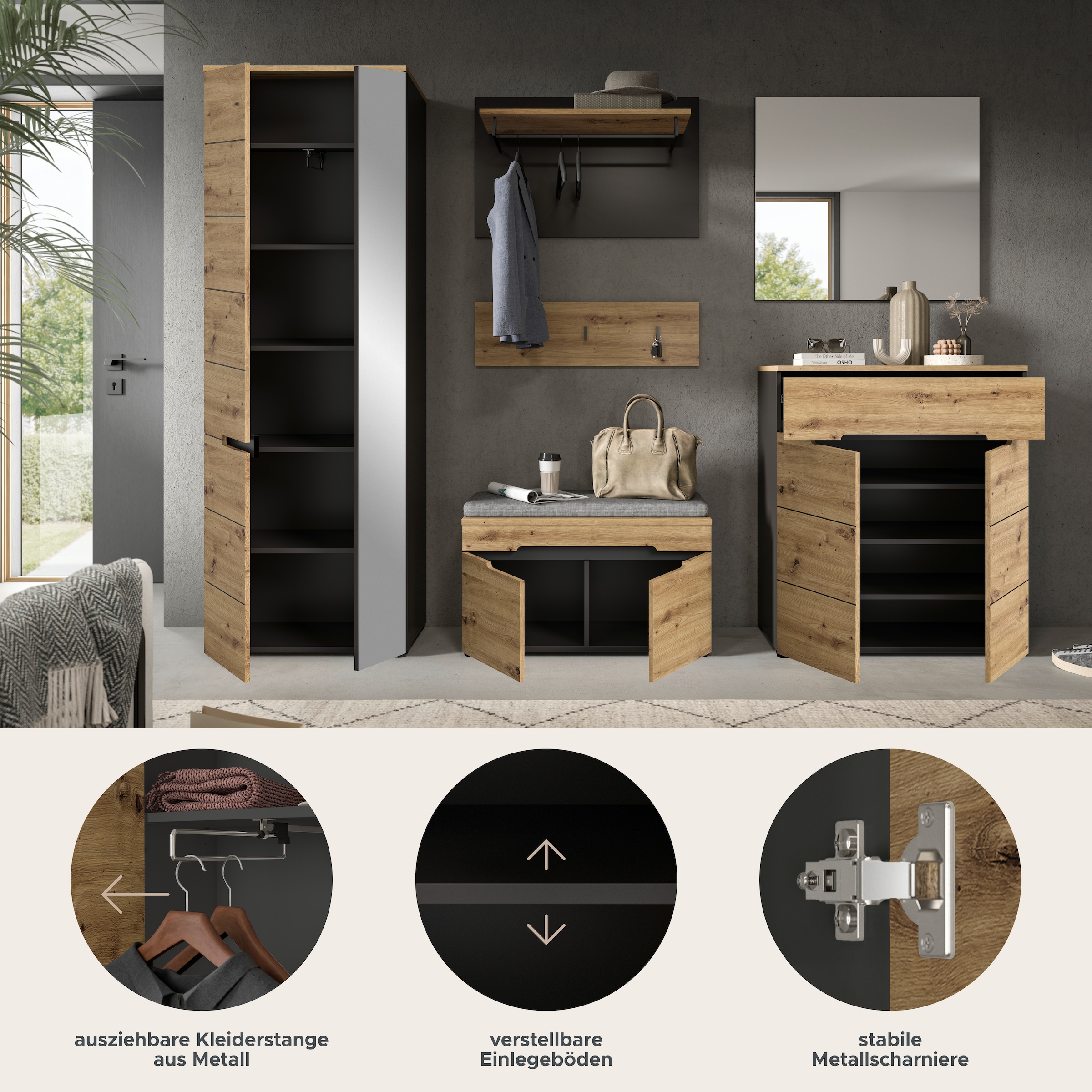 Thumbnail - Home affaire Garderoben-Set "REHAT, TOPSELLER, 6-teilig, Breite 255 cm, individuell erweiterbar" Set, Schrank, Sitzbank,...