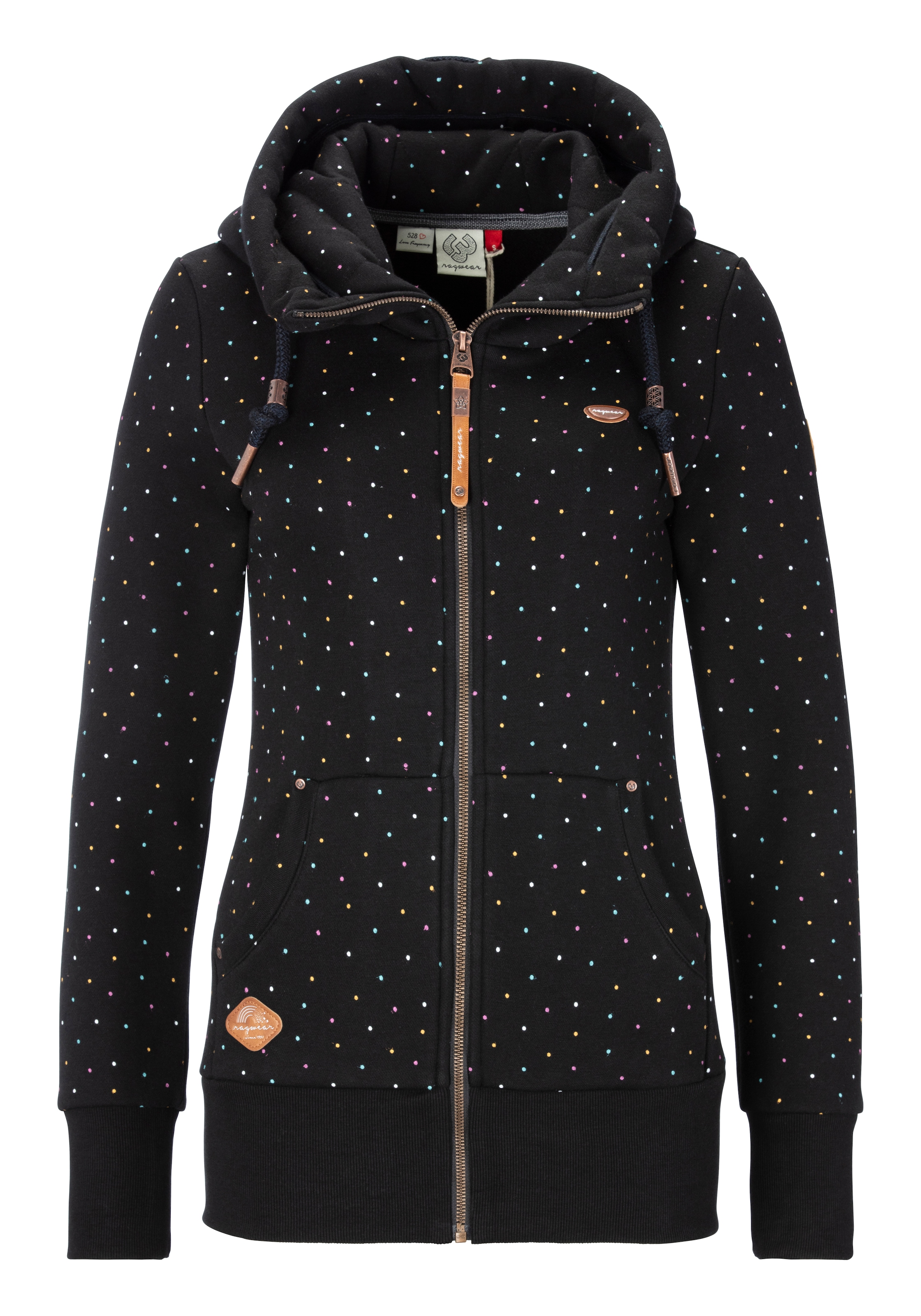 Ragwear Kapuzensweatjacke figurbetont mit gepunktetem Allover-Print und großer Kapuze