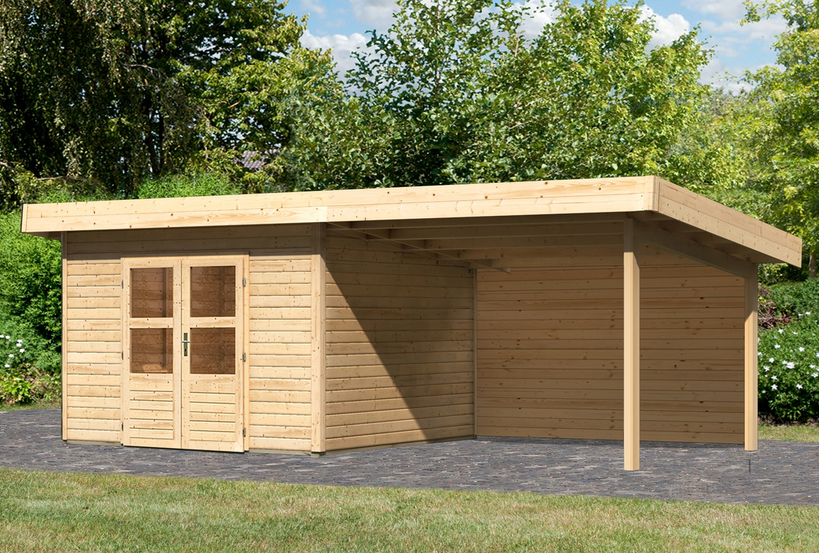 Karibu Gartenhaus "Perlsee 3" mit Anbaudach