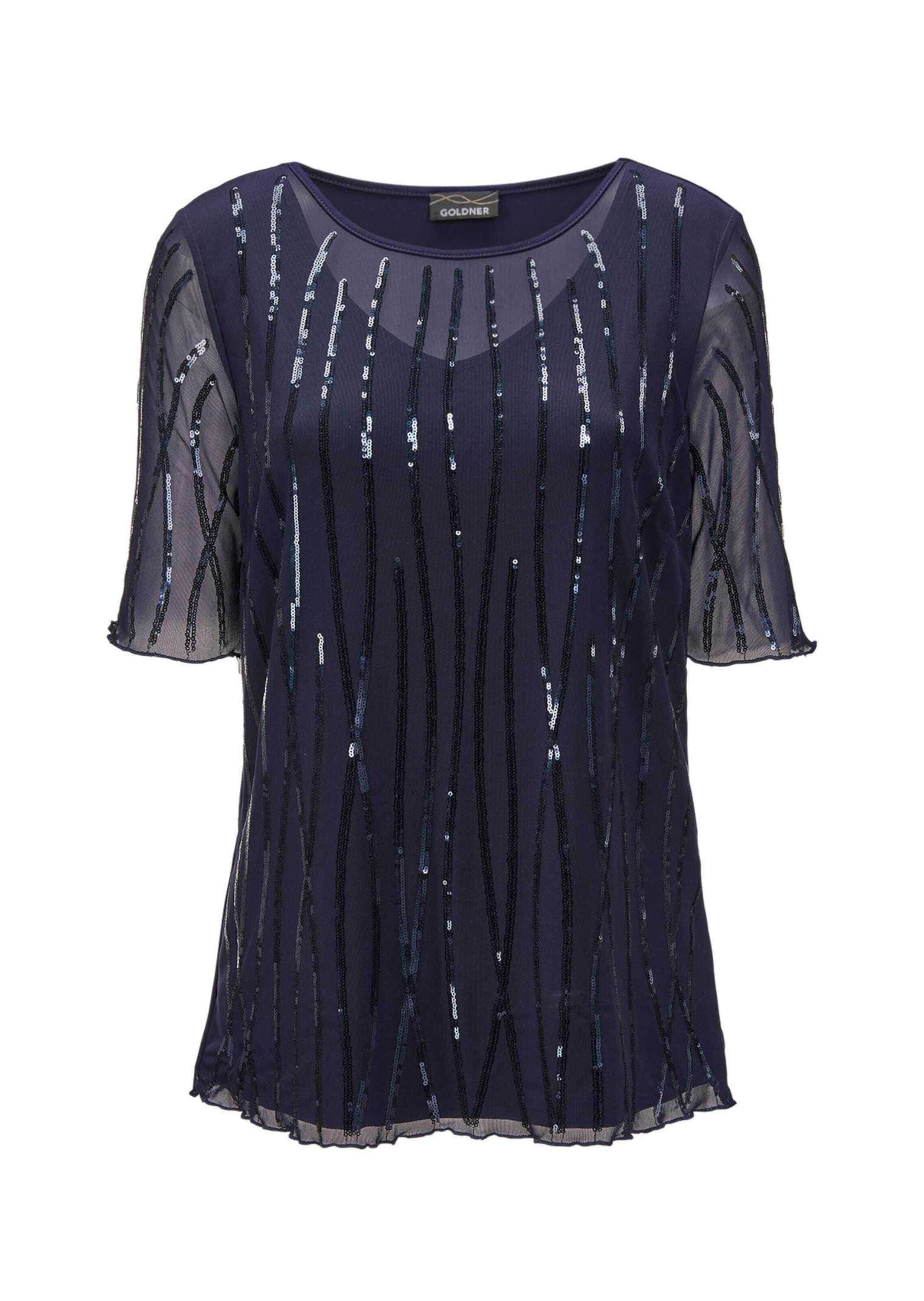 GOLDNER Langarm-Poloshirt "Kurzgröße Mesh-Shirt mit funkelnden Pailletten" günstig online kaufen