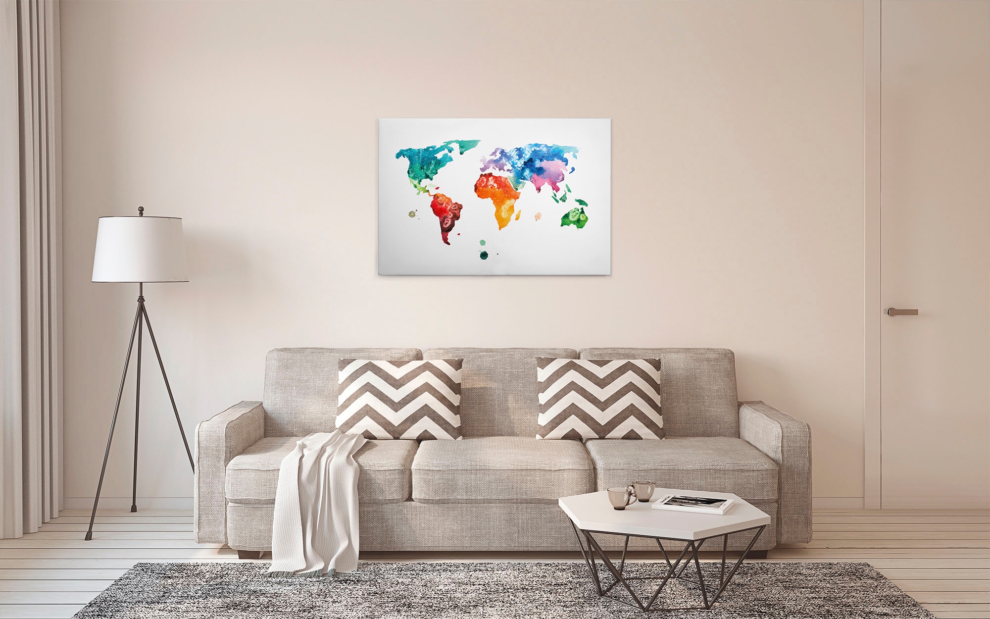 A.S. Création Leinwandbild »Colourful World«, Kunst-Weltkarte-Kinder, (1 St.), Atlas Weltkarte Bunt Aquarell Keilrahmen Leinwand-Bild Wohnzimmer Wand