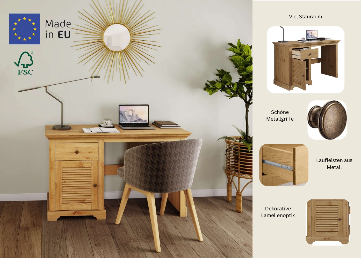 Home affaire Schreibtisch »Ayanna«, Massivholz, mit Schublade und Tür, Lamellenfront, Breite 130 cm