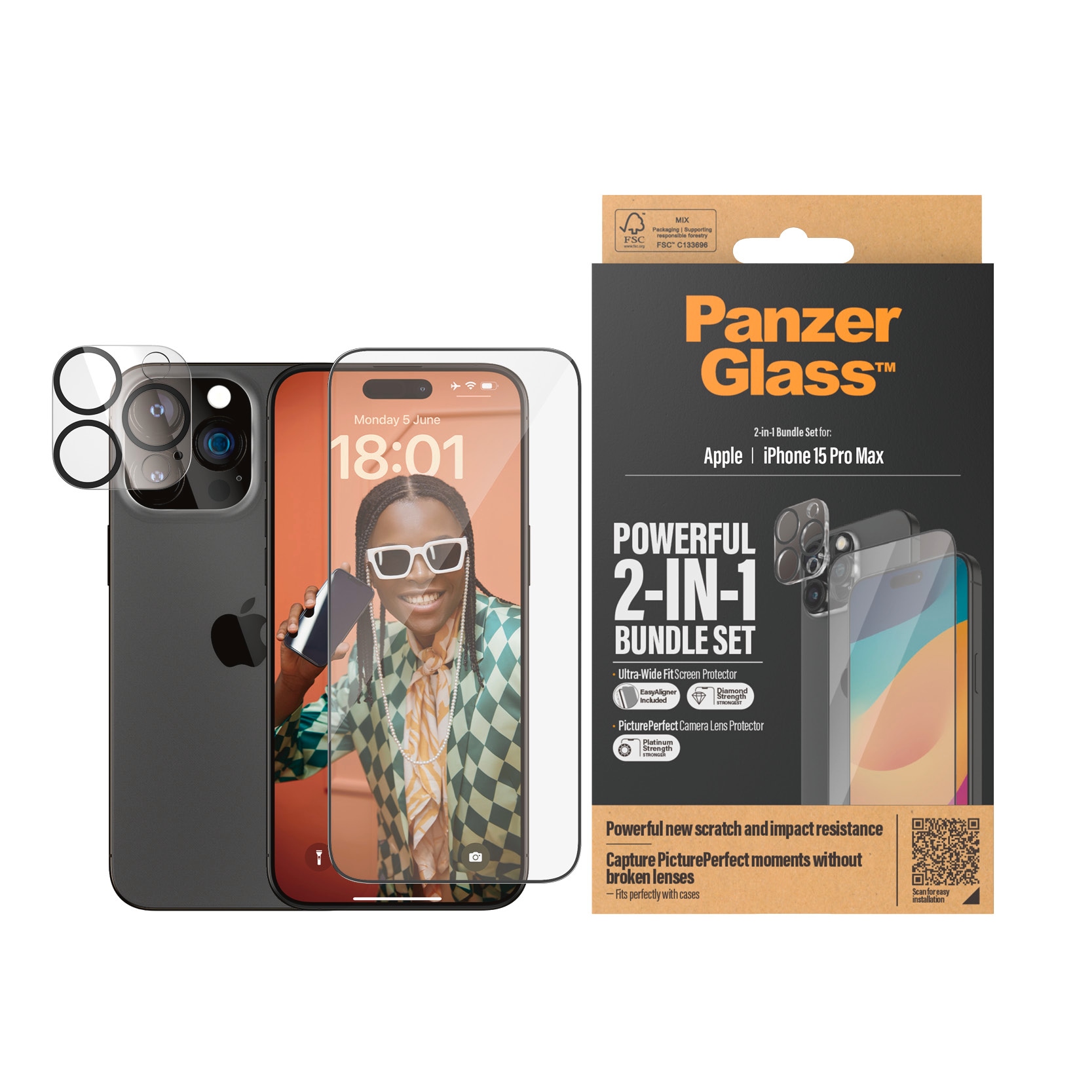 PanzerGlass Displayschutzglas »2-in-1-Pack Screen und Camera Protector«, für iPhone 15 Pro Max, Ultra Wide Fit