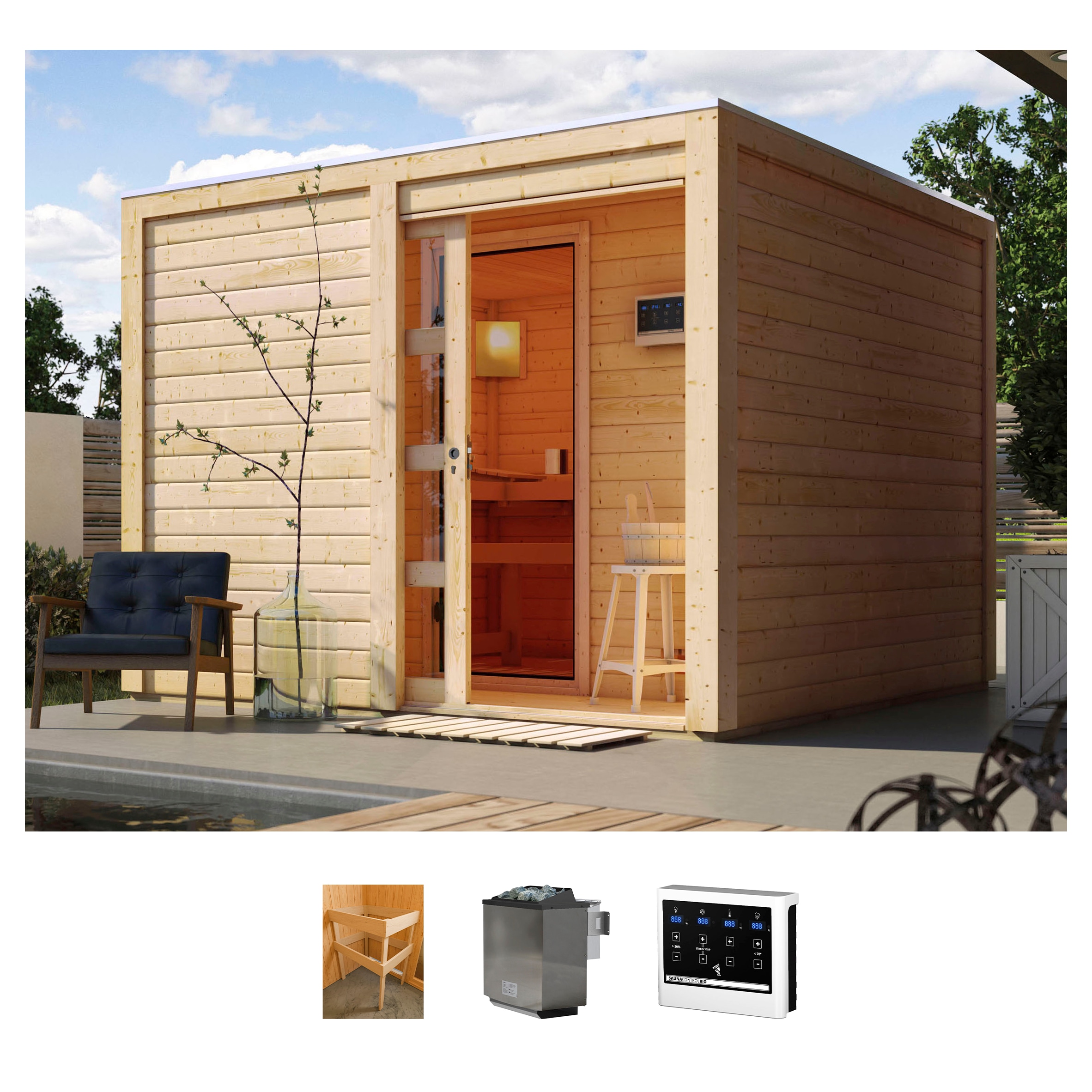 KONIFERA Saunahaus "Ruben" Set, Ofen 9 kW Bio externe Strg easy