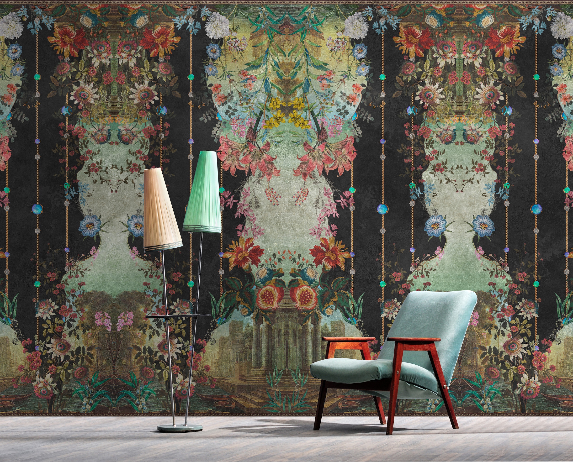 living walls Vliestapete "Floral-Orientalische Tapete Grün Schwarz antik" matt glatt