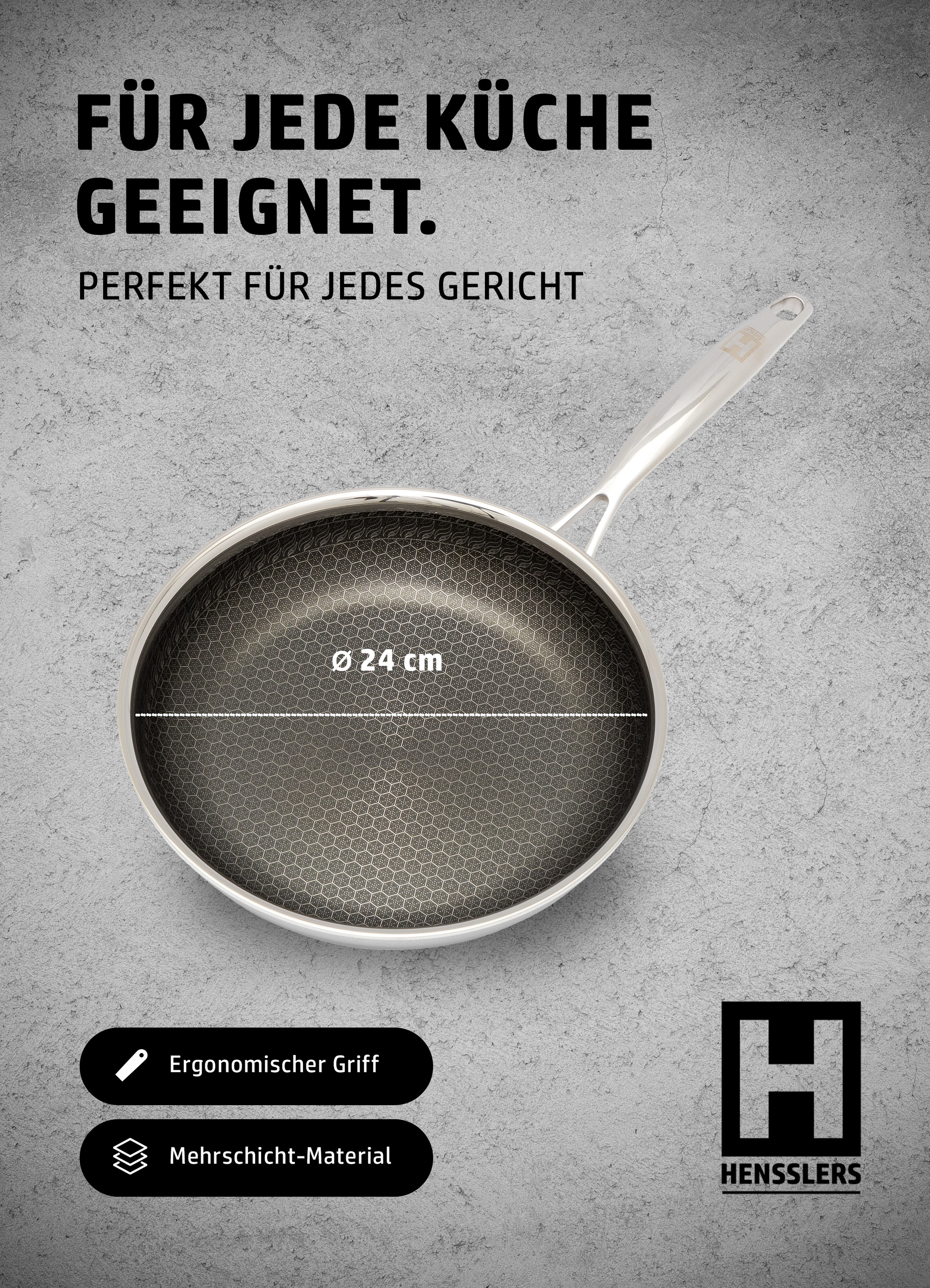 HENSSLERS Pfannen-Set »HENSSLERS Bratpfannen-Set, Ø 24 und 28 cm, inkl. Deckel«, Edelstahl, (4 tlg.), mit Wabenstruktur