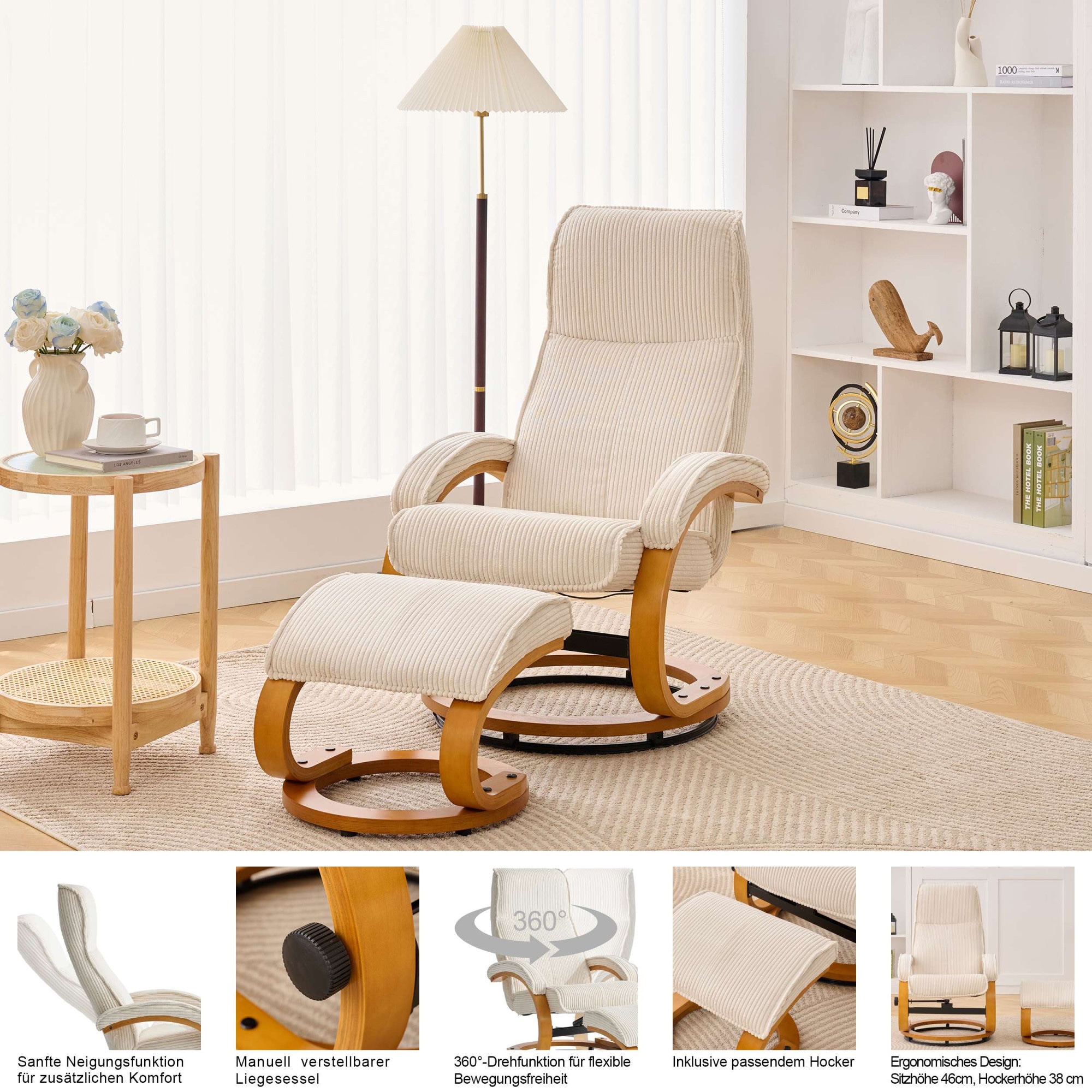 Home affaire Relaxsessel »Paris, mit Hocker - OTTO. Verlässliche Qualität.« bestehend aus Sessel und Hocker,  manuelle Relaxfunktion mit Drehfunktion, neu: Cord-Bezug