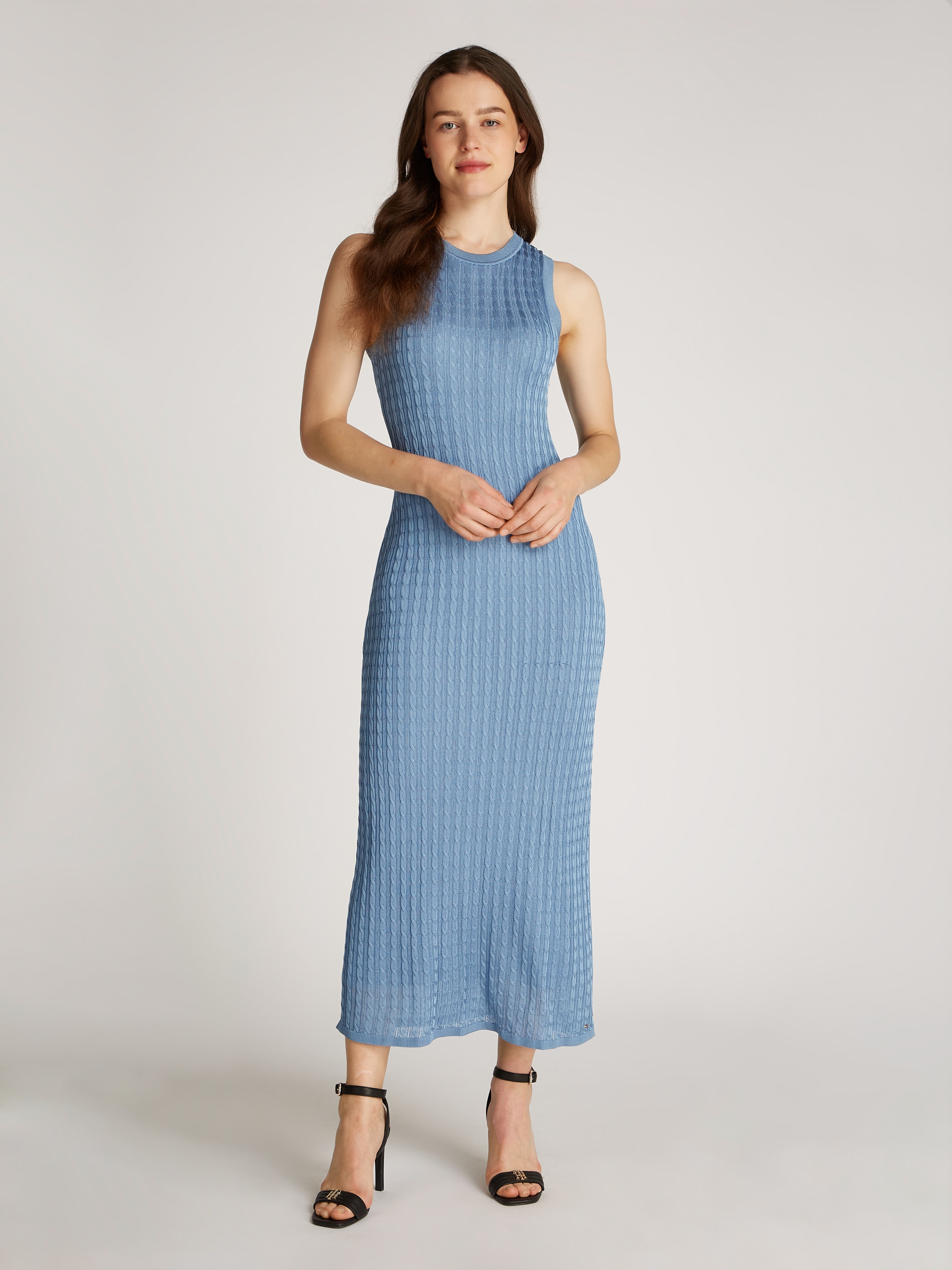 TOMMY HILFIGER Strickkleid »RAYON CABLE LONG FLARED DRESS NS«, mit Zopfmuster