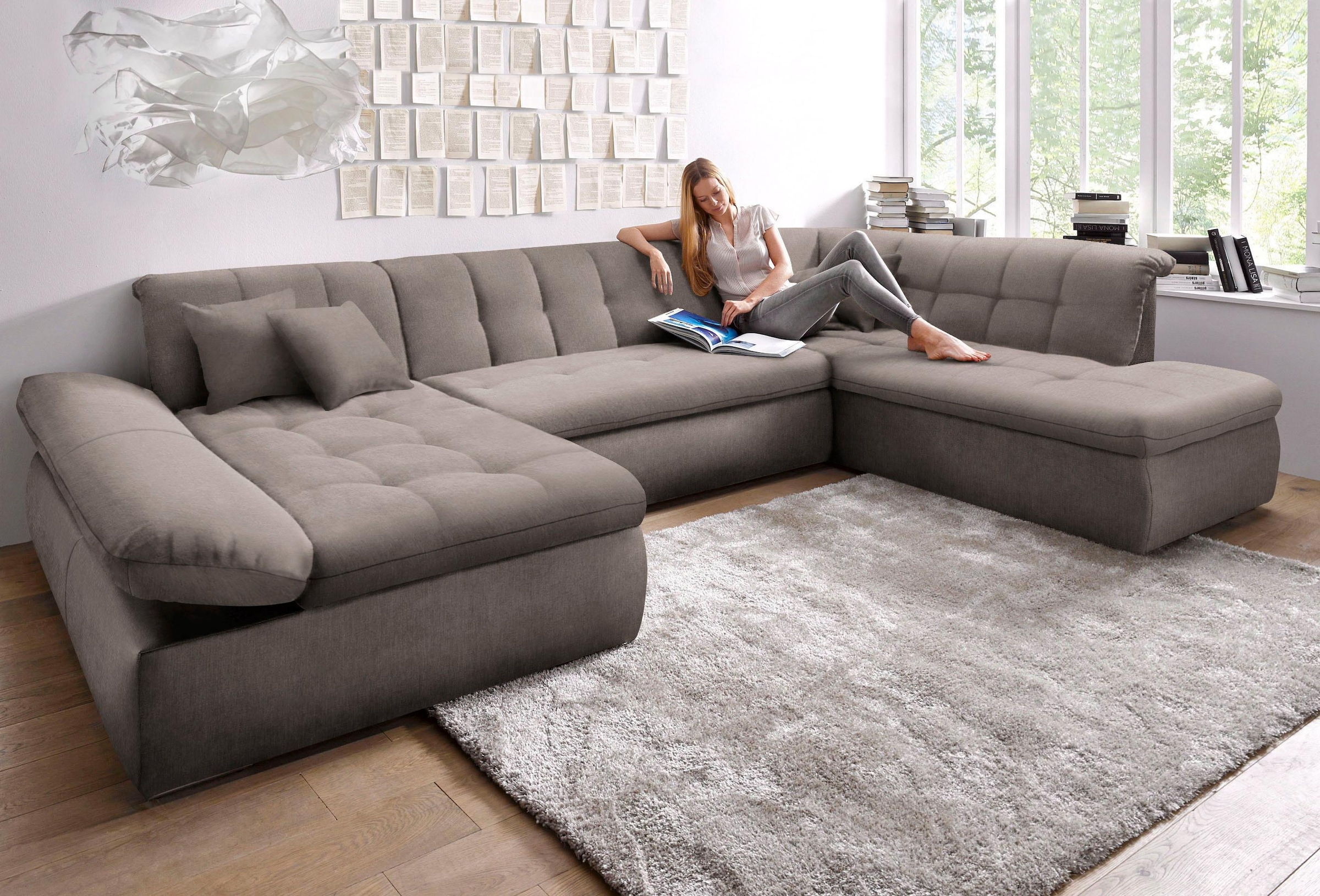 DOMO collection Wohnlandschaft "NMORIC im XXL-Format, 353x216x80 cm, inkl. Zierkissen U-Form" wahlweise mit Bettfunktion und Armlehnenverstellung