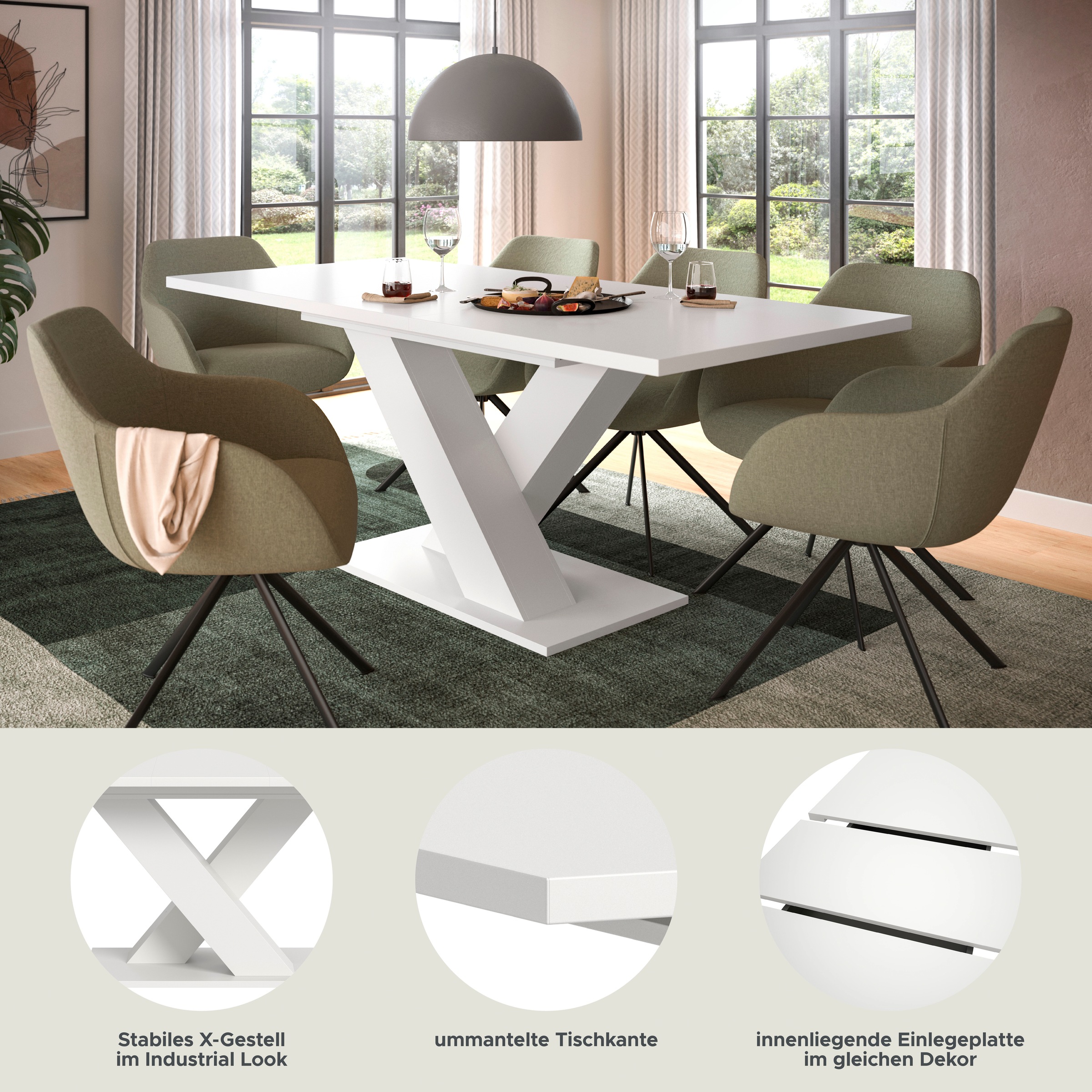 Thumbnail - Home affaire Esstisch "Motus, ausziehbar 150 -190 cm, inklusive 40 cm Einlegeplatte" Set, 1 Stk. tlg. X-Gestell mit Bode...