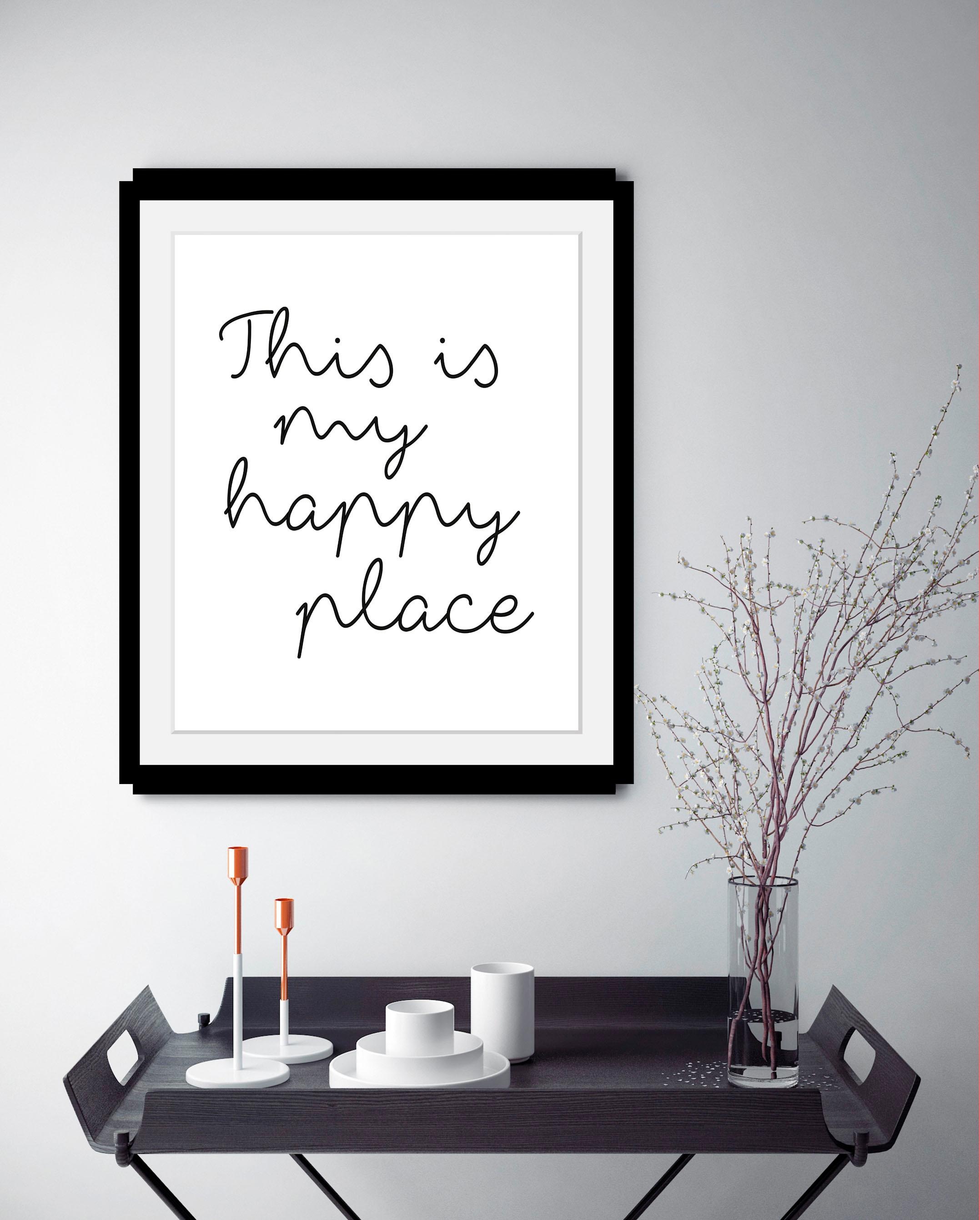 queence Bild »happy place«, Schwarz-Weiß-Schriftzug-Motivationsbilder-Fashion-Frau, HD Premium Poster-Druck inkl. Holzrahmen