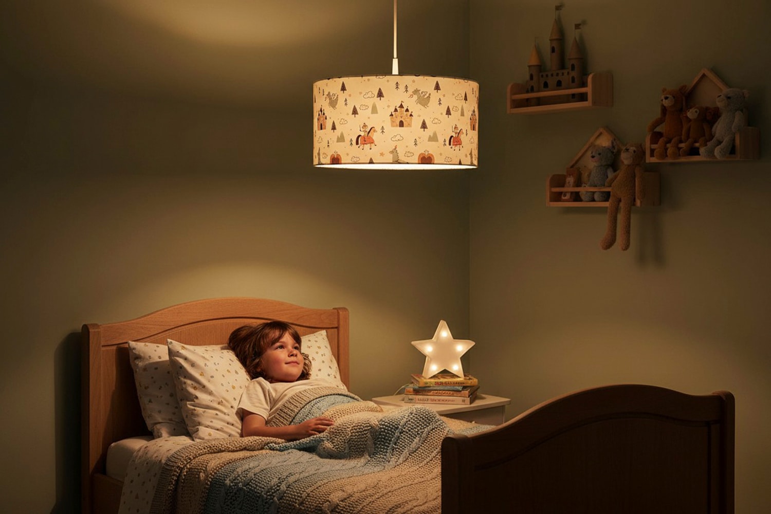 niermann Hängeleuchte »Stoff-Pendelleuchte mit Motiv "Ritter Theo", Kinderzimmer, Kinderlampe« E27 1 Stk. Stoffschirm, höhenverstellbare Pendelaufhängung, Made in Germany