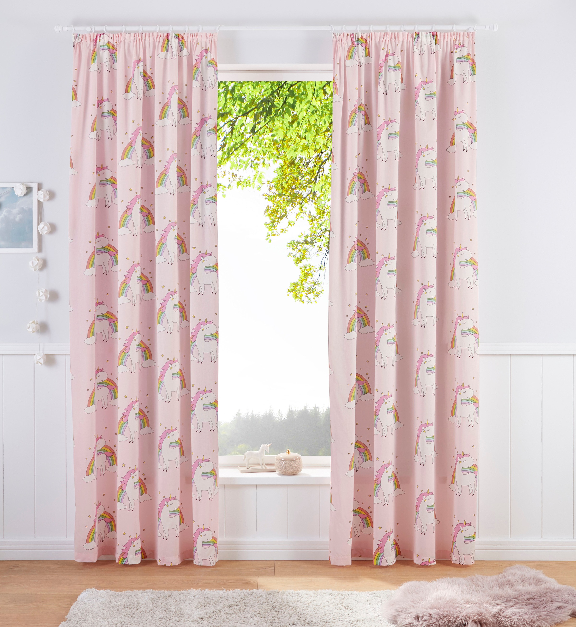 Gardine OTTO HOME, B:135cm H:145cm, pink, Baumwolle, Polyester, Wohnzimmer, Gardinen, "EINHORN", Kindergardine, bedruckt, halbtransparent, Einhörner,
