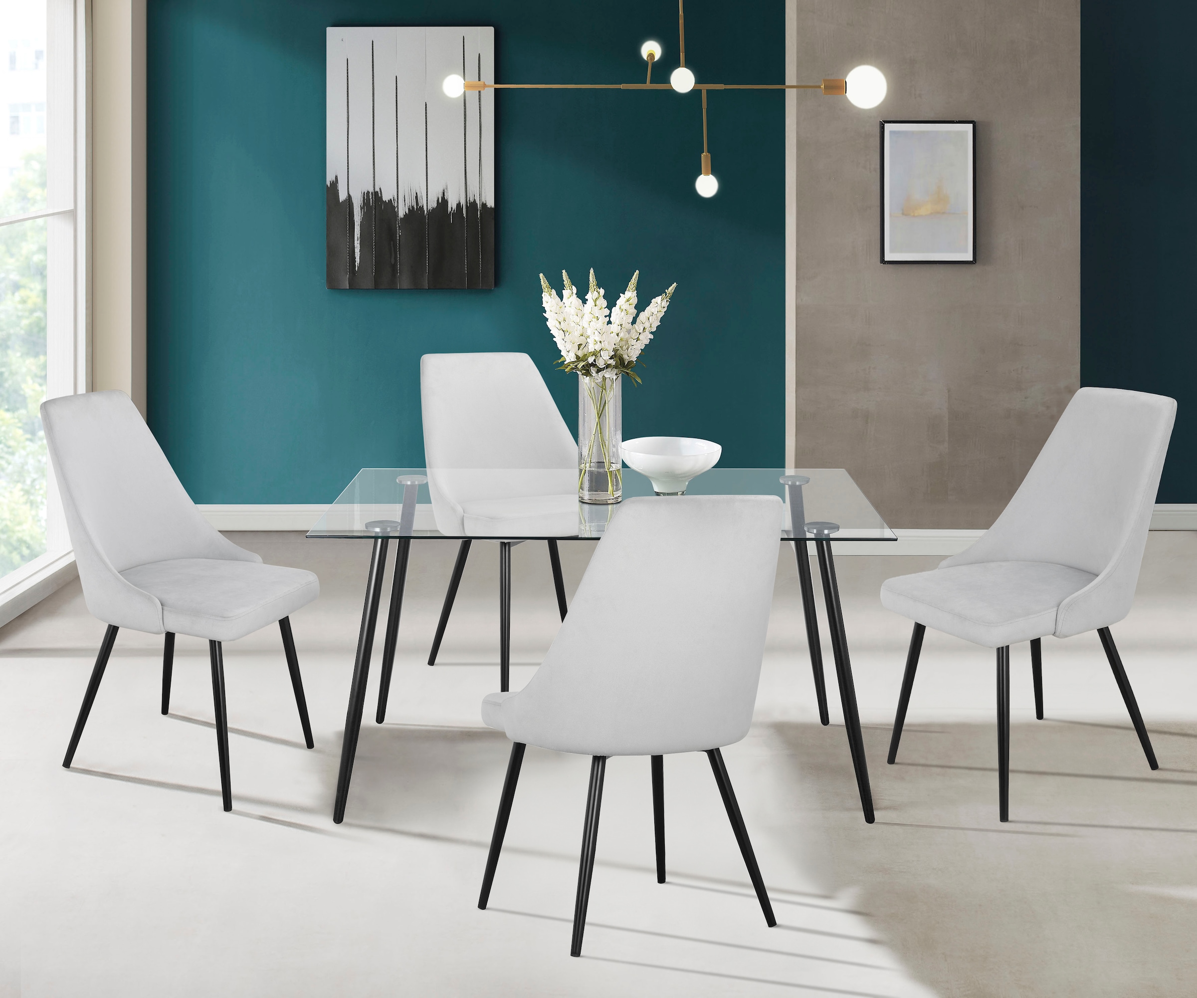OTTO home Essgruppe "Danny-Malio" Set, Set 140 cm, 5 Stk. tlg. Glastisch 140x80 cm mit 4 Stühlen (Veloursstoff), Gestell aus Metall