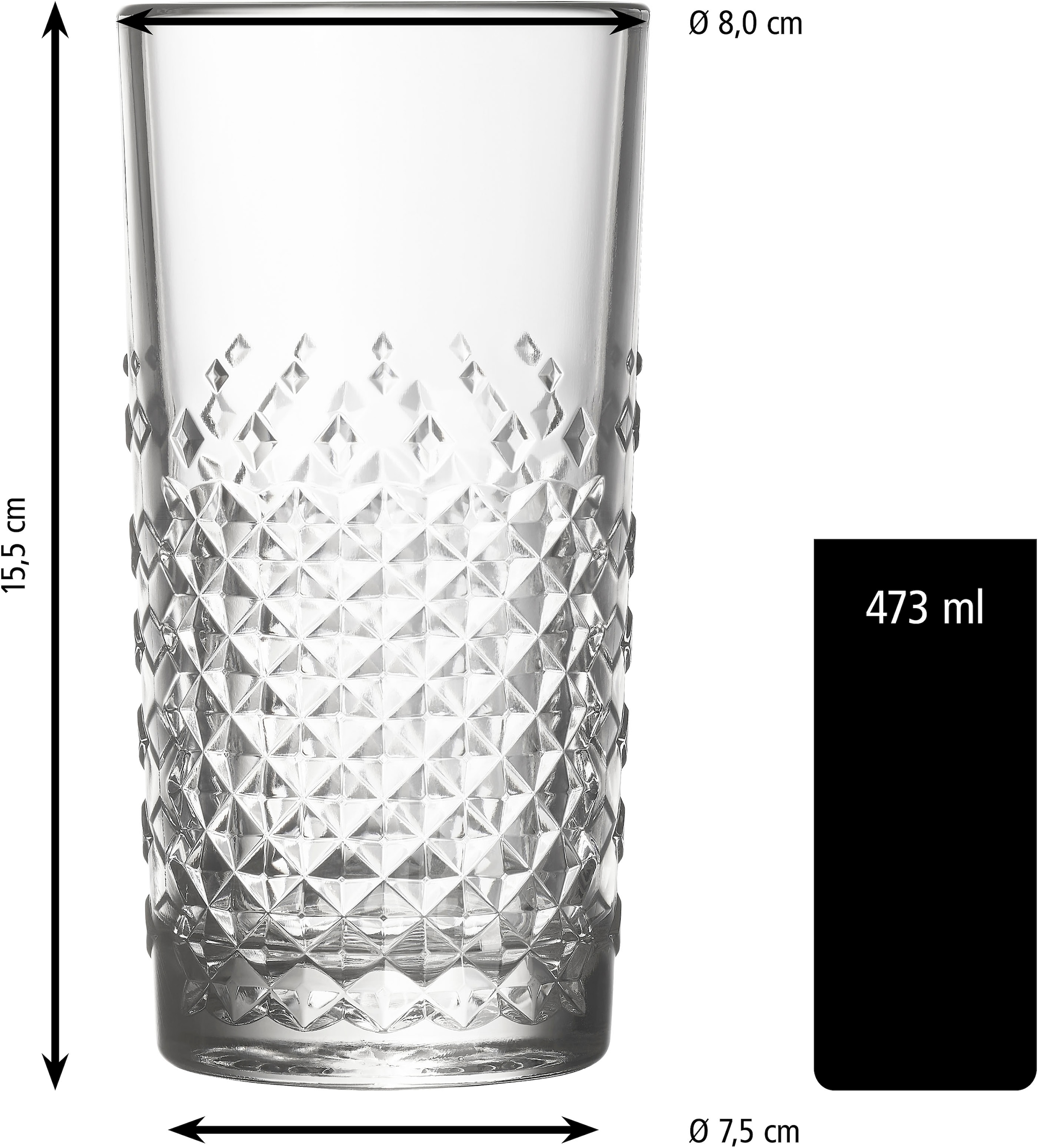 LIBBEY Gläser-Set »Beverage Glas -OCULAR-, 473 ml, Ø 8 cm, H: 15,5 cm, 12er Set«, (Set, 12 tlg.), hochwertig verarbeitet, im modernen Design
