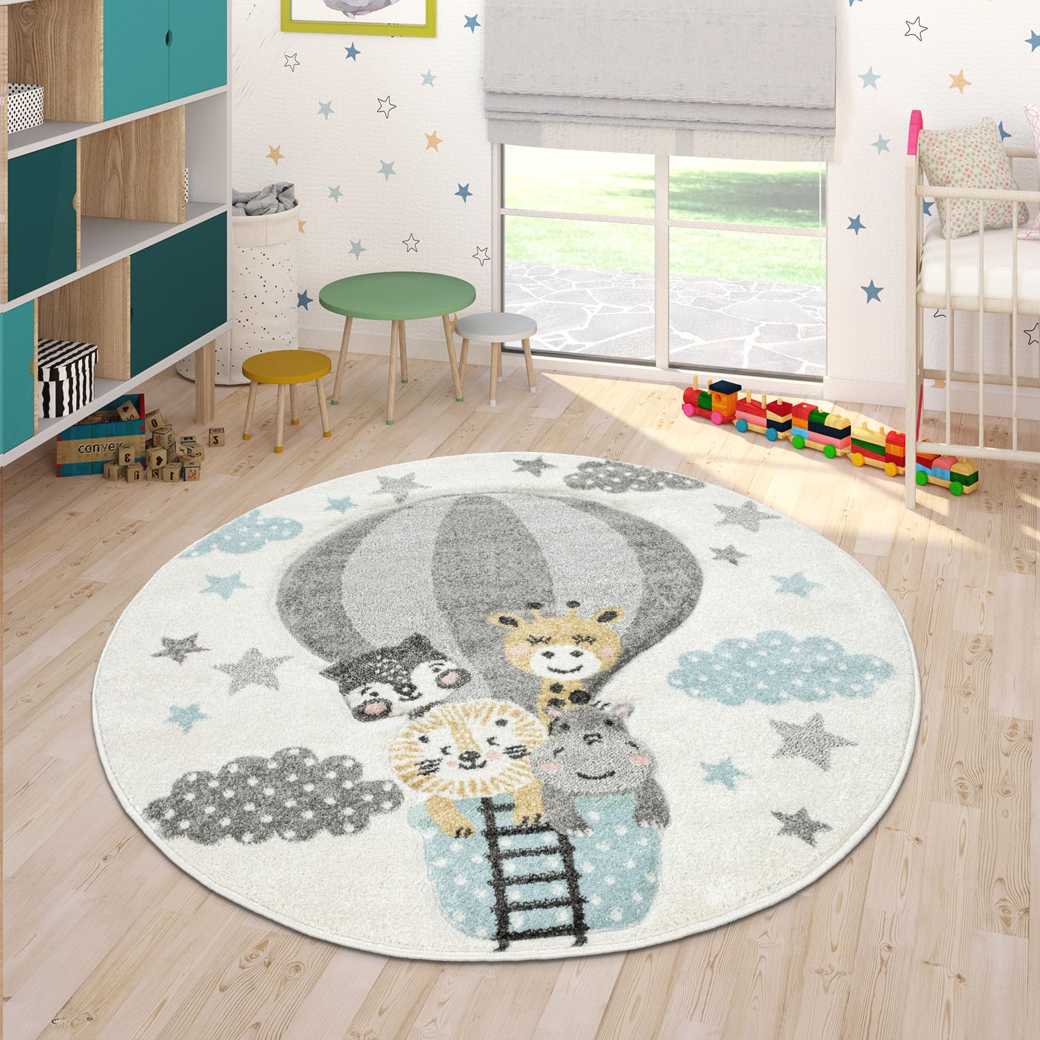 Paco Home Kinderteppich "Cosmo 343", rund, 18 mm Höhe, 3D-Design, niedliches Tier Motiv, Pastell-Farben, Kinderzimmer