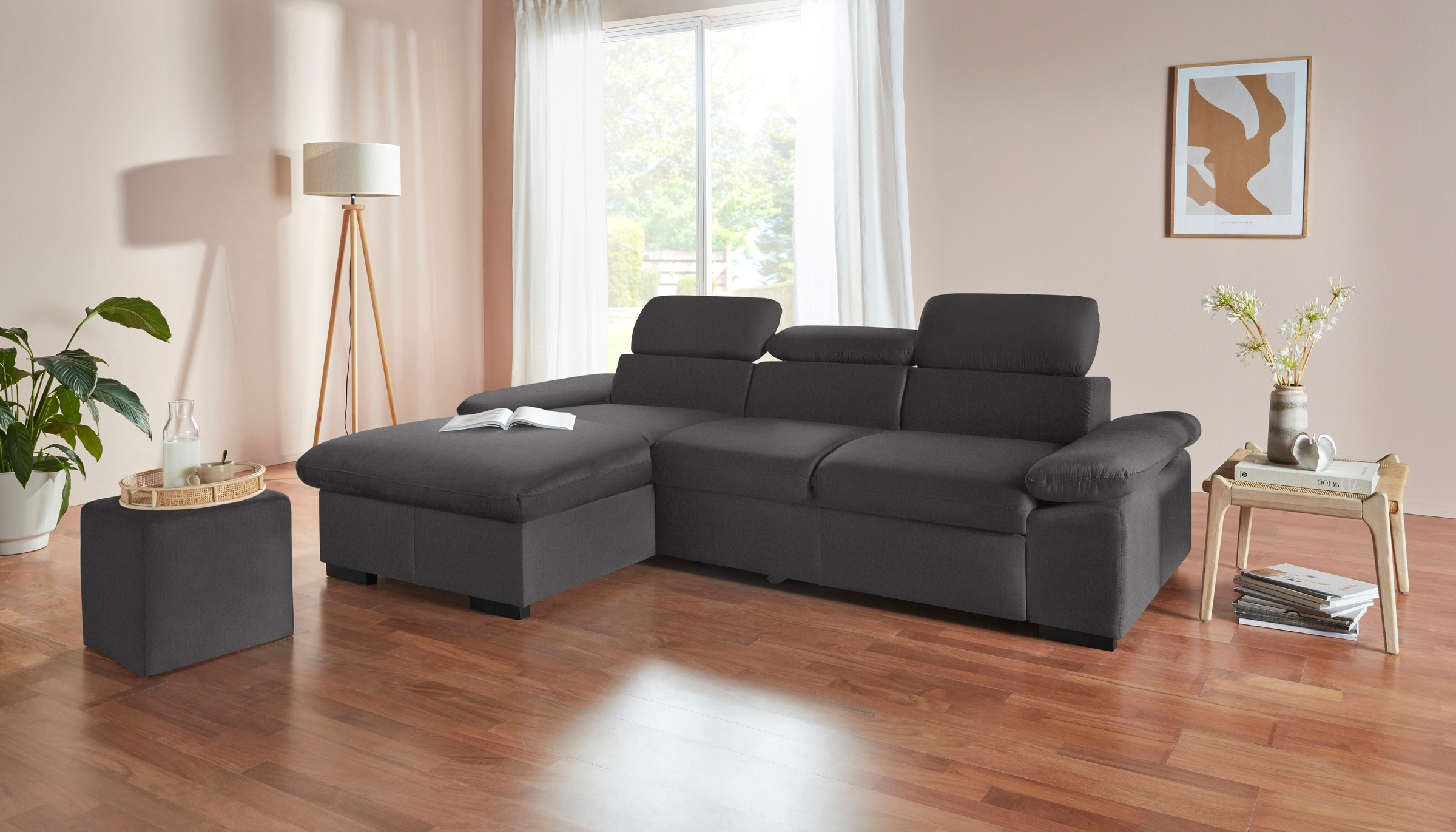 COTTA Ecksofa »Lola L-Form mit Kopfteilfunktion & Hocker«, (Set, mit Hocker), wahlweise mit Bettfunktion, Bettkasten & Armteilverstellung