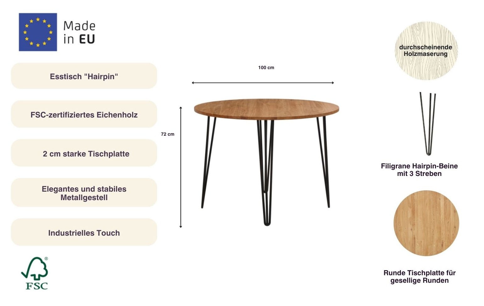 Thumbnail - Home affaire Esstisch "Hairpin" Holztisch aus Eichenholz, mit Metallbeinen, Breite 100 cm